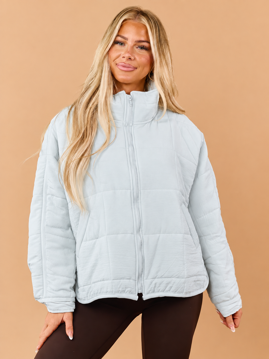 Pastel Blue Quilted Zip Up Mock Neck Puffer Jacket