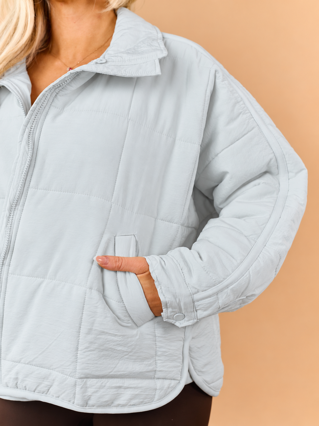 Pastel Blue Quilted Zip Up Mock Neck Puffer Jacket