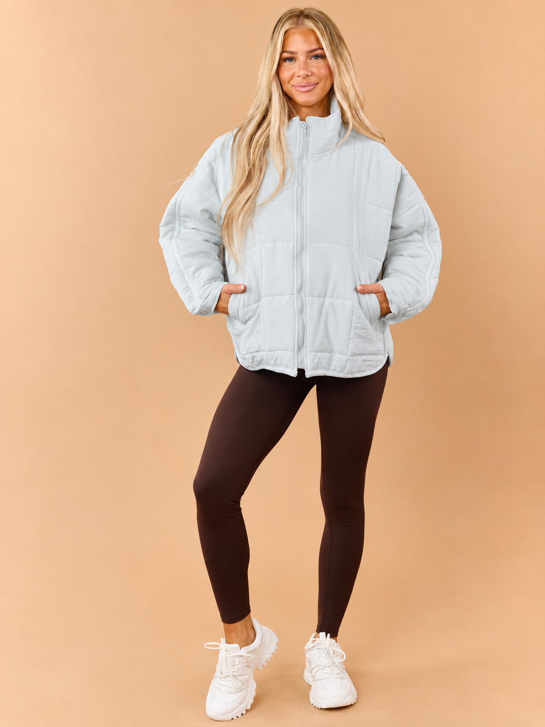 Pastel Blue Quilted Zip Up Mock Neck Puffer Jacket