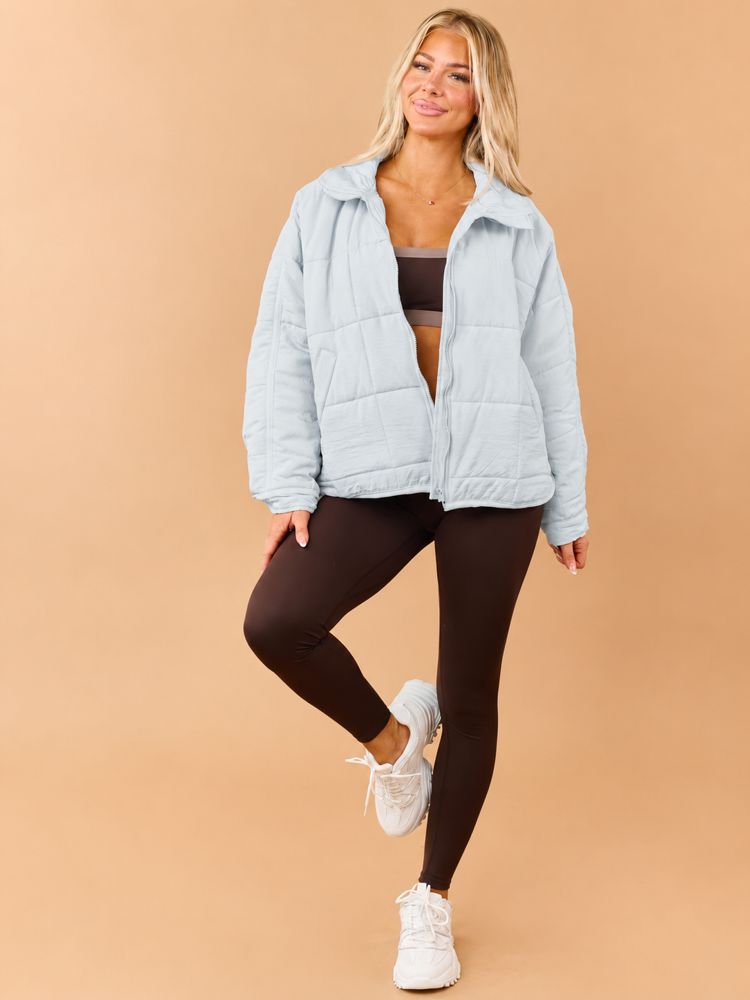 Pastel Blue Quilted Zip Up Mock Neck Puffer Jacket