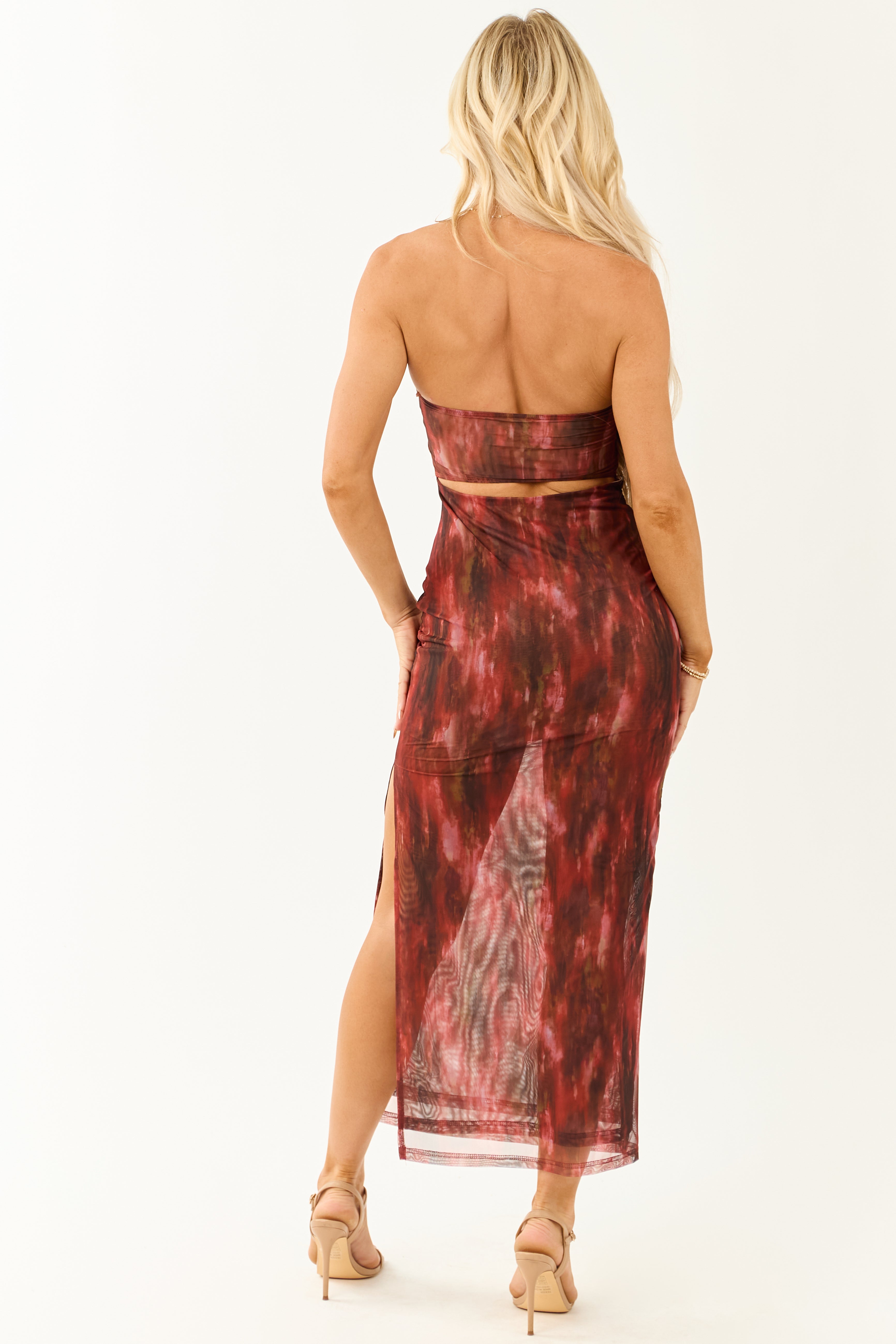 Cherry Abstract Print Mesh Strapless Midi Dress