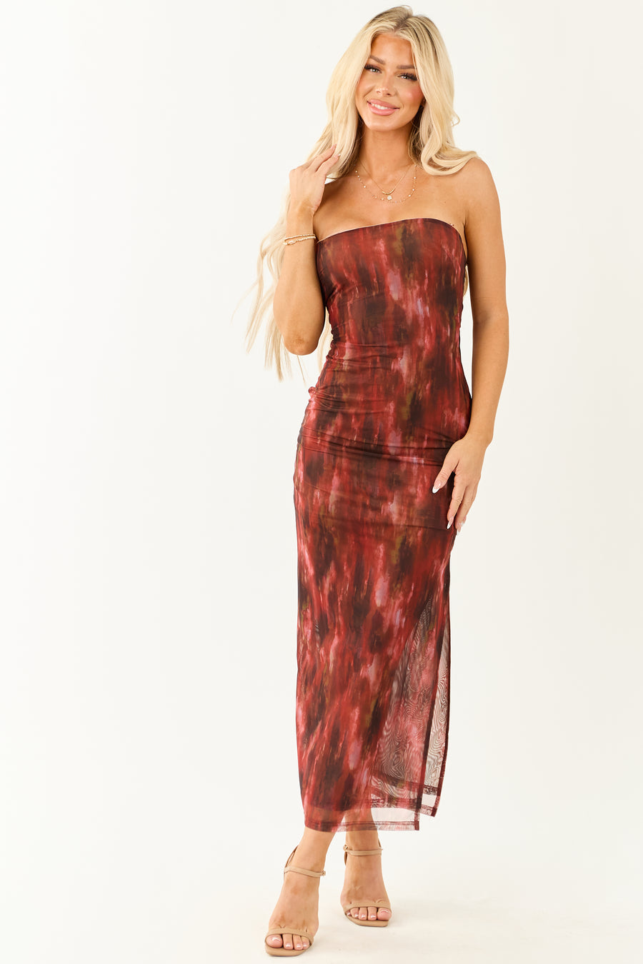 Cherry Abstract Print Mesh Strapless Midi Dress