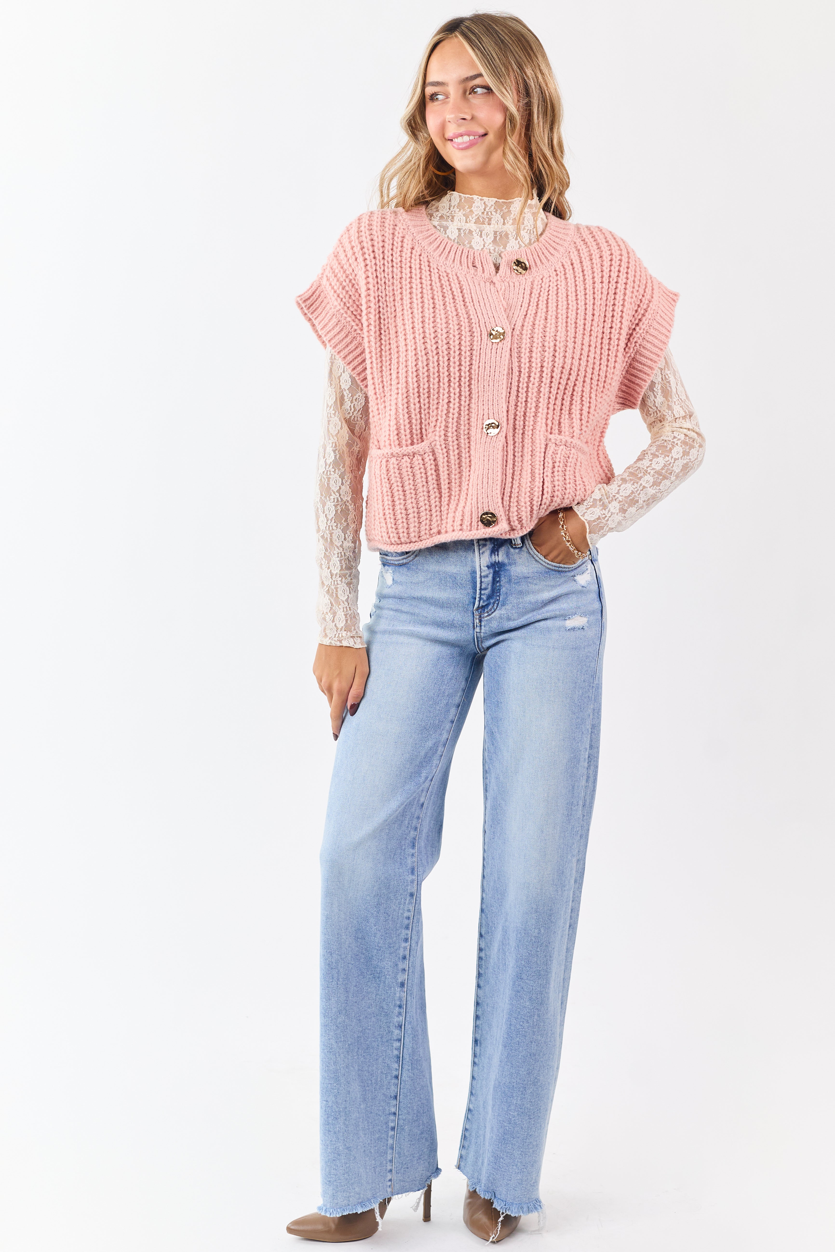 Cherry Blossom Button Down Short Sleeve Sweater Top