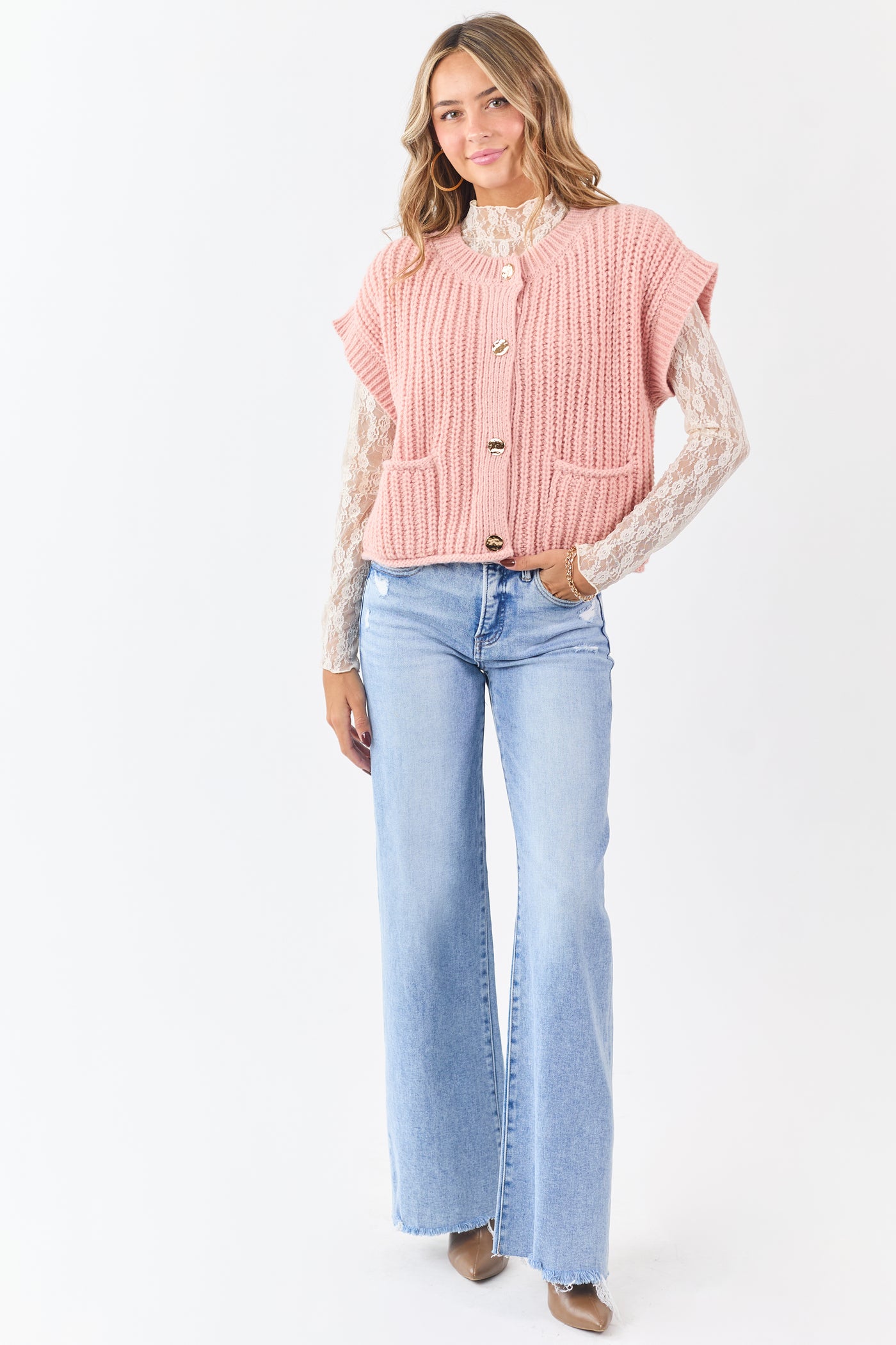 Cherry Blossom Button Down Short Sleeve Sweater Top