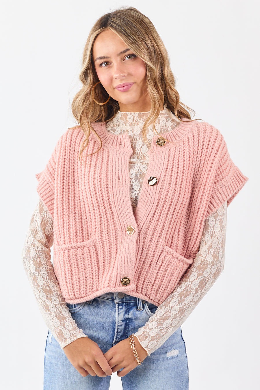 Cherry Blossom Button Down Short Sleeve Sweater Top