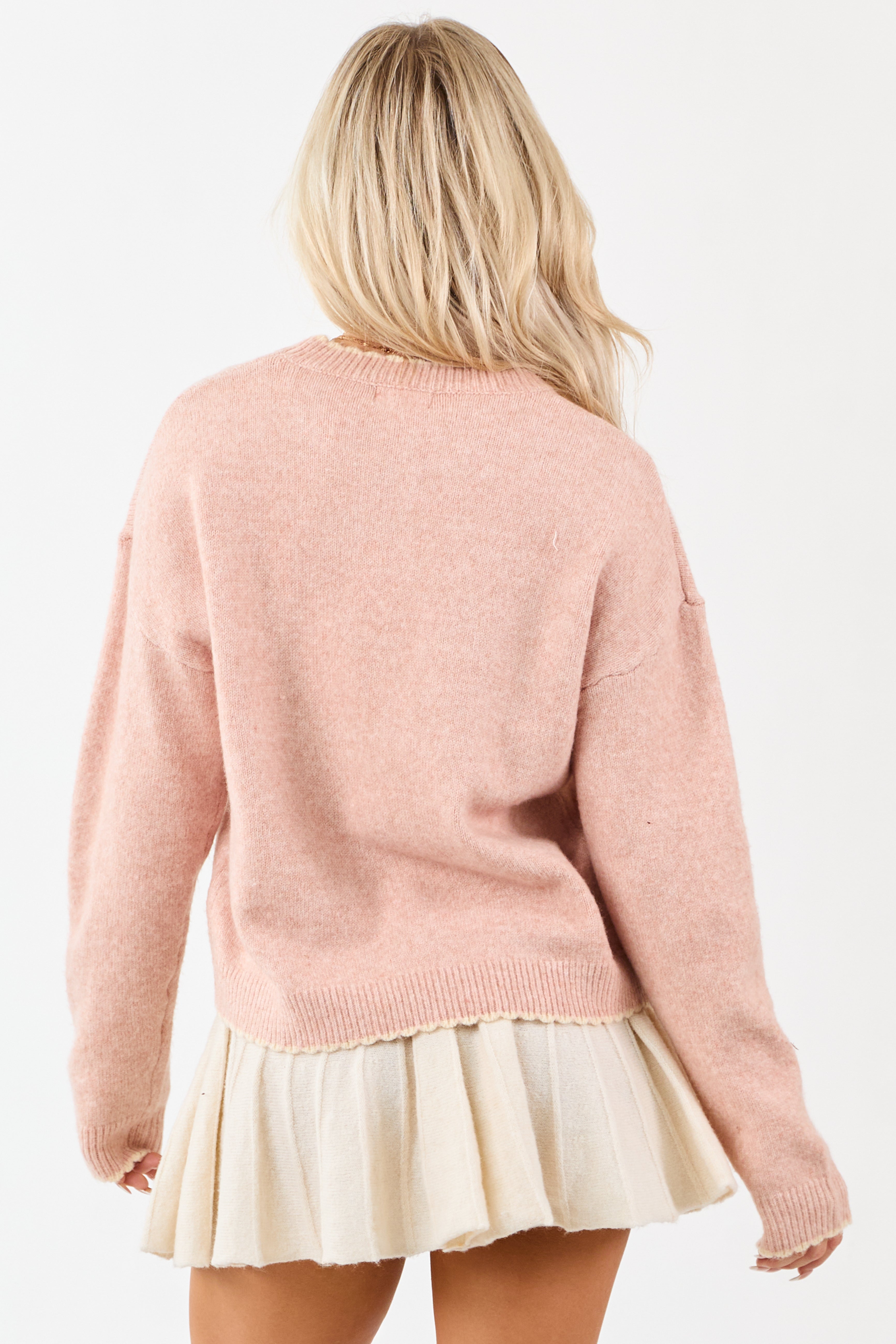 Cherry Blossom Contrast Trim Wool Blend Sweater