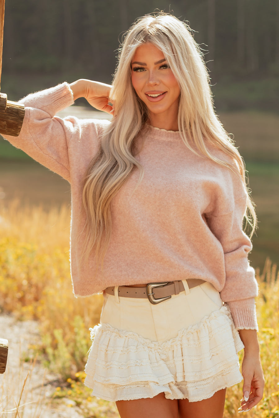 Cherry Blossom Contrast Trim Wool Blend Sweater