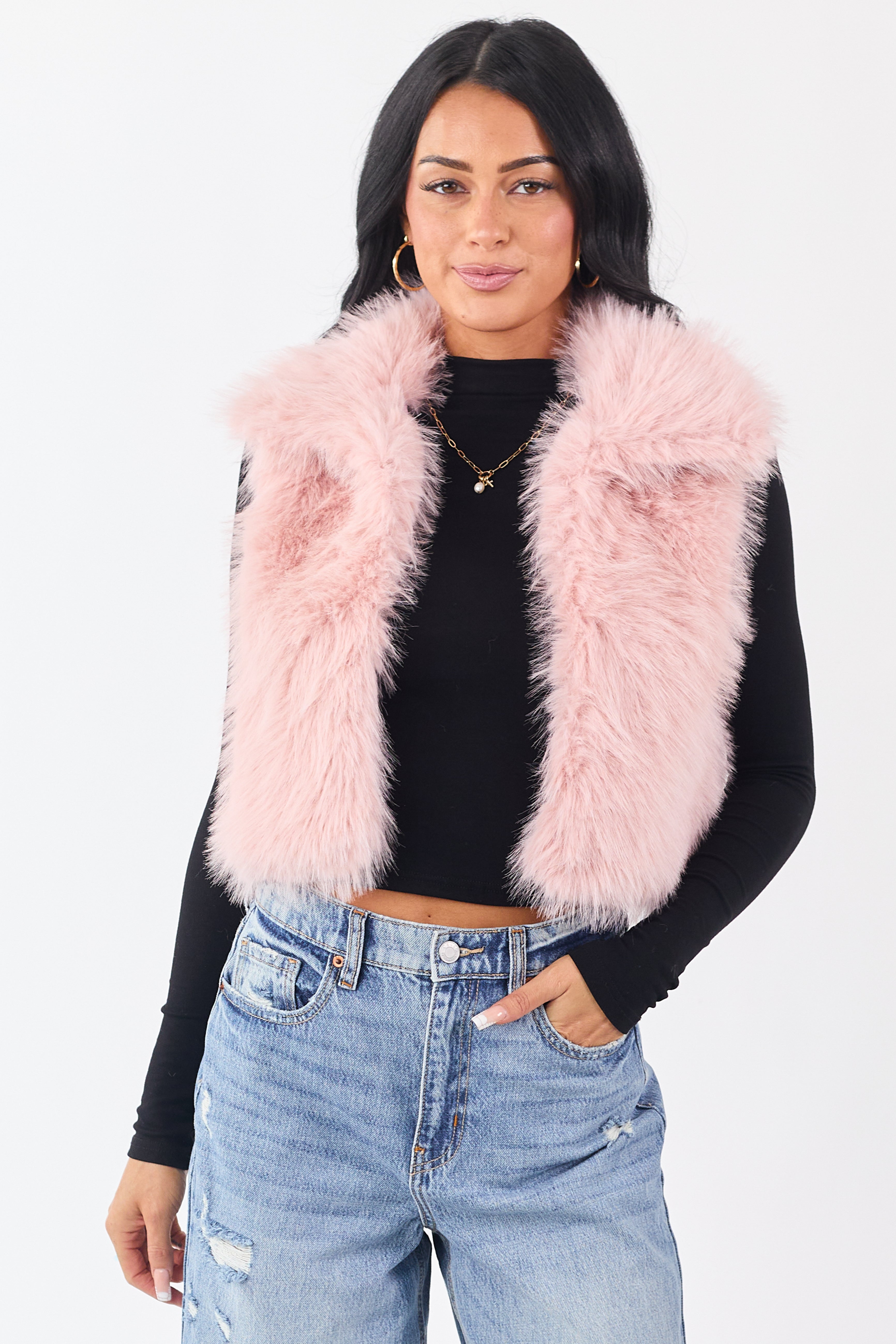 Cherry Blossom Faux Fur Cropped Collared Vest