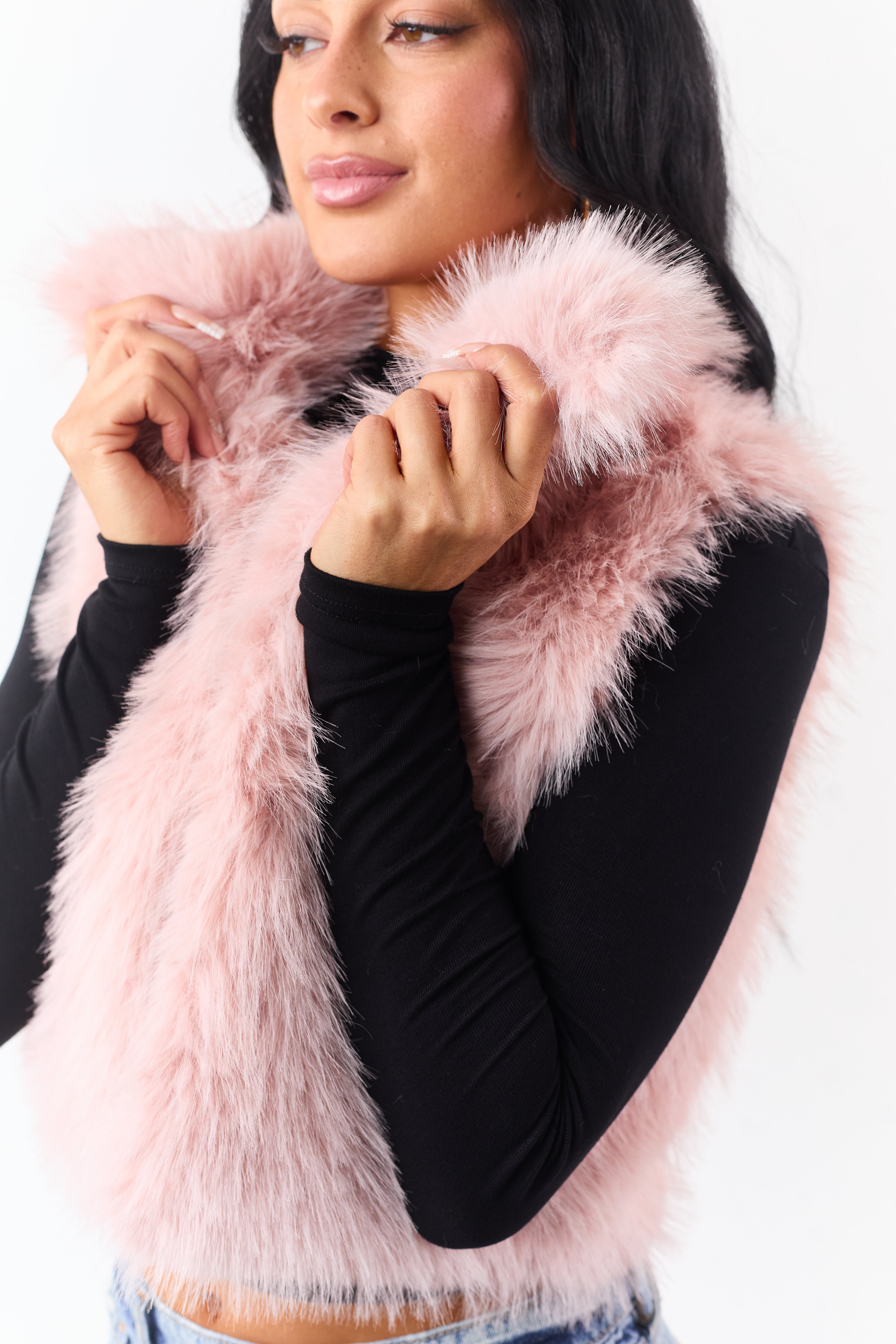 Cherry Blossom Faux Fur Cropped Collared Vest