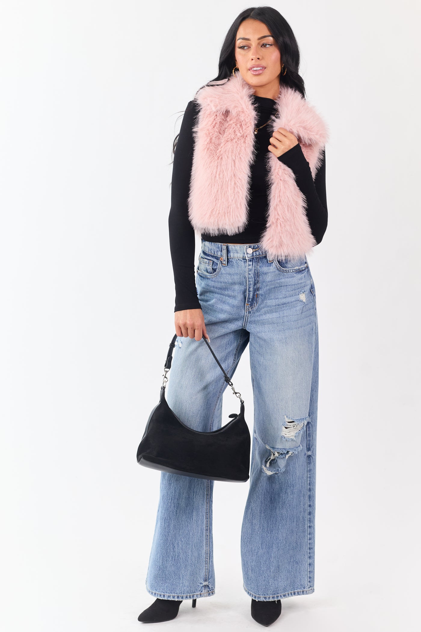 Cherry Blossom Faux Fur Cropped Collared Vest