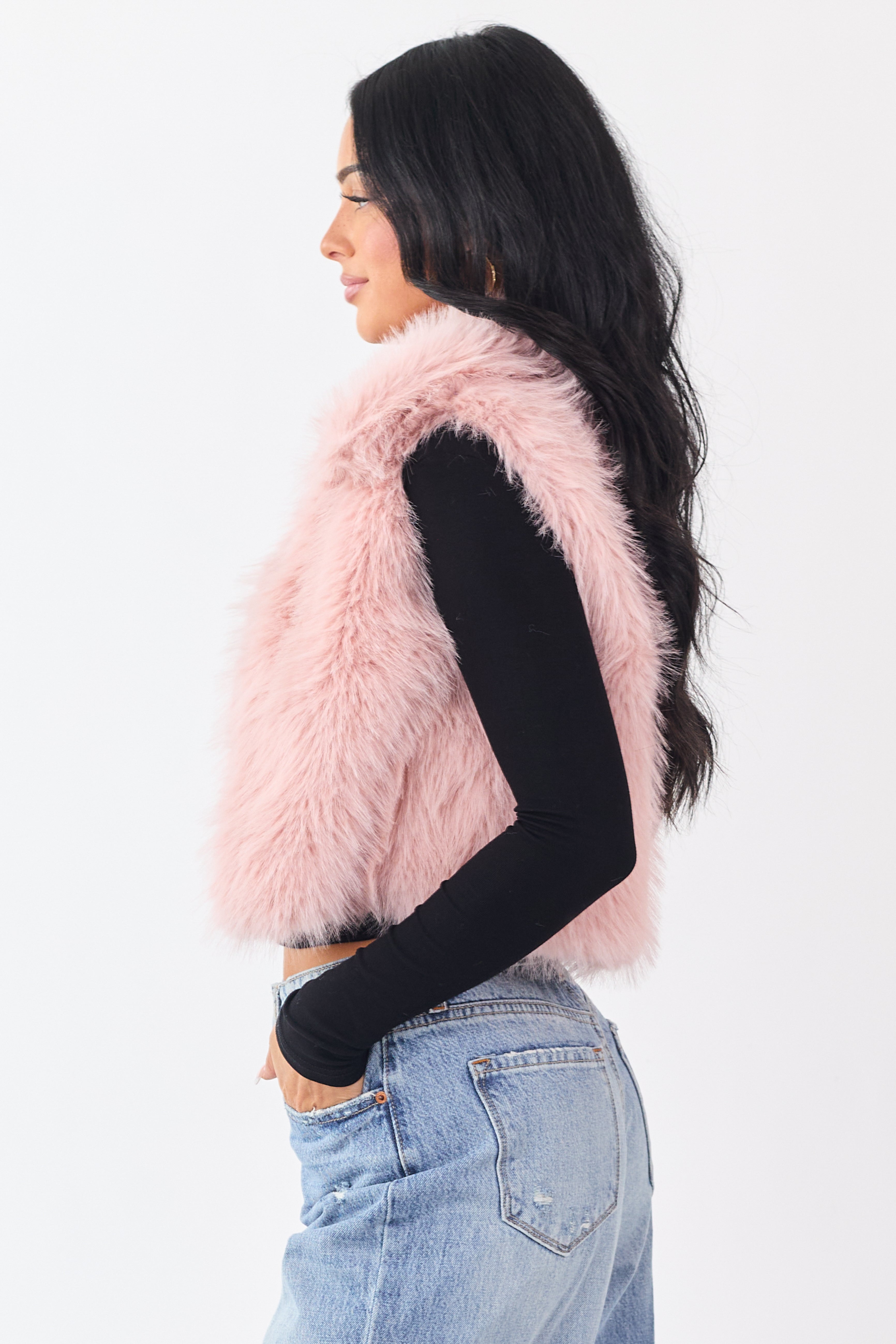Cherry Blossom Faux Fur Cropped Collared Vest