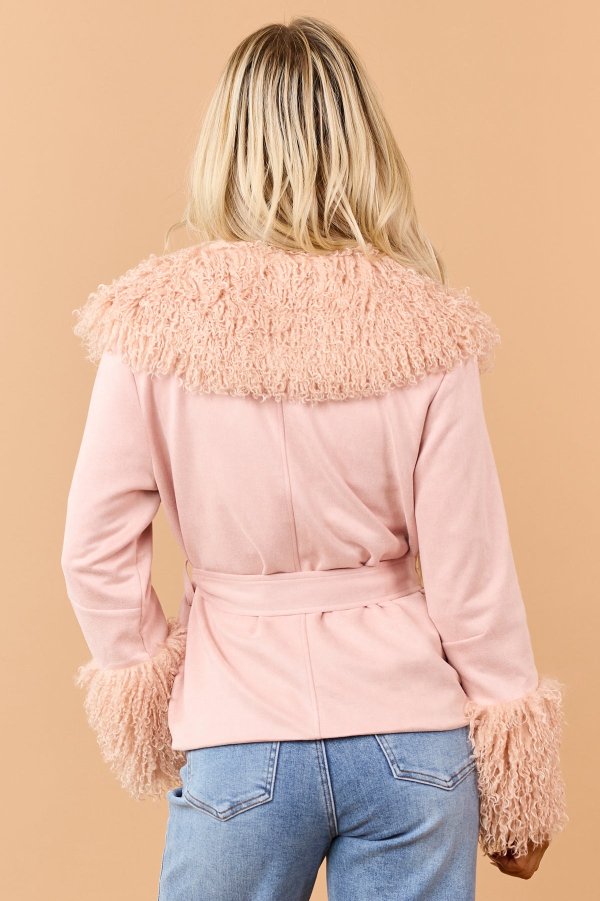 Cherry Blossom Faux Suede Waist Tie Faux Fur Coat