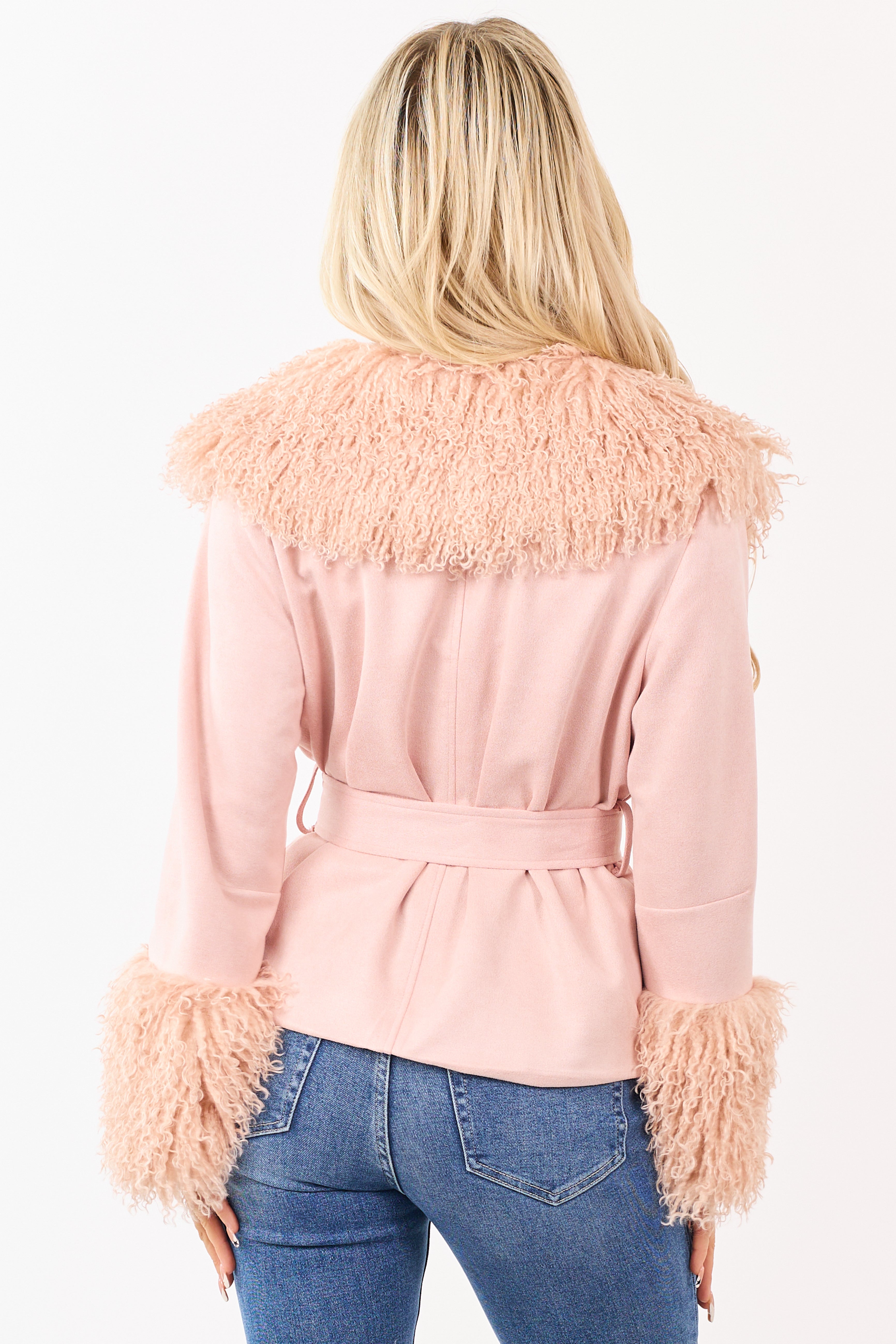 Cherry Blossom Faux Suede Waist Tie Faux Fur Coat