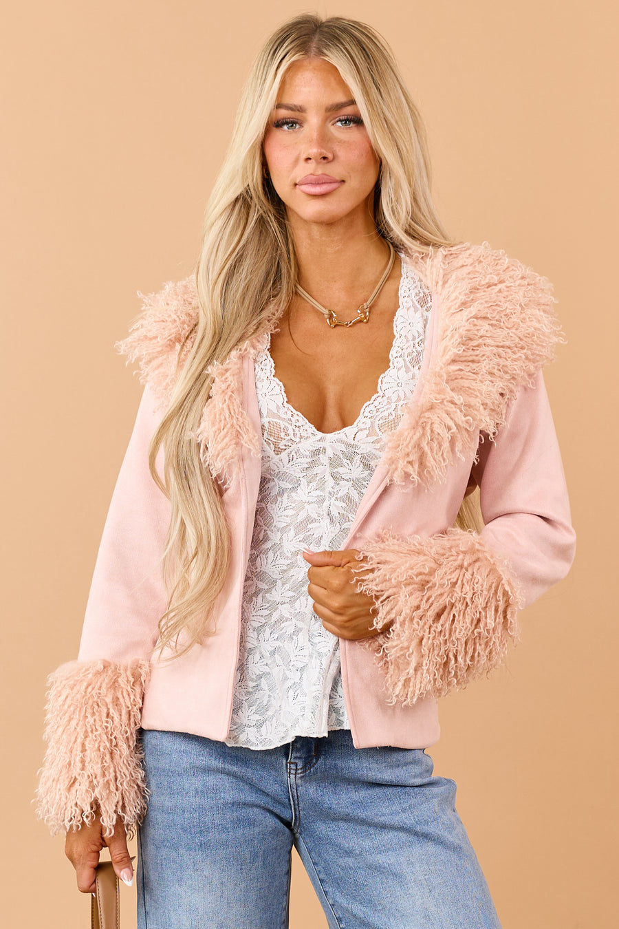 Cherry Blossom Faux Suede Waist Tie Faux Fur Coat