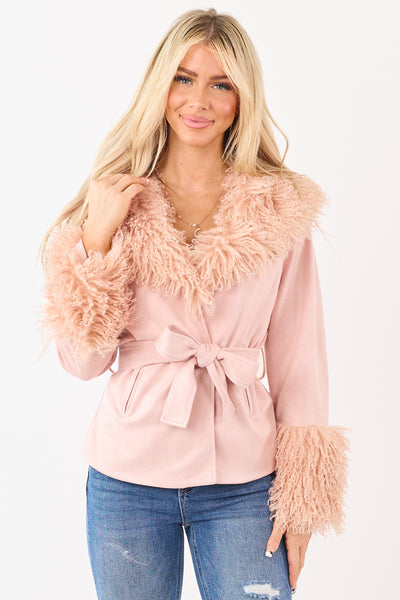 Cherry Blossom Faux Suede Waist Tie Faux Fur Coat