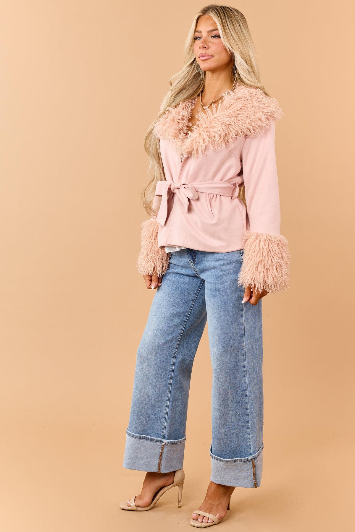 Cherry Blossom Faux Suede Waist Tie Faux Fur Coat