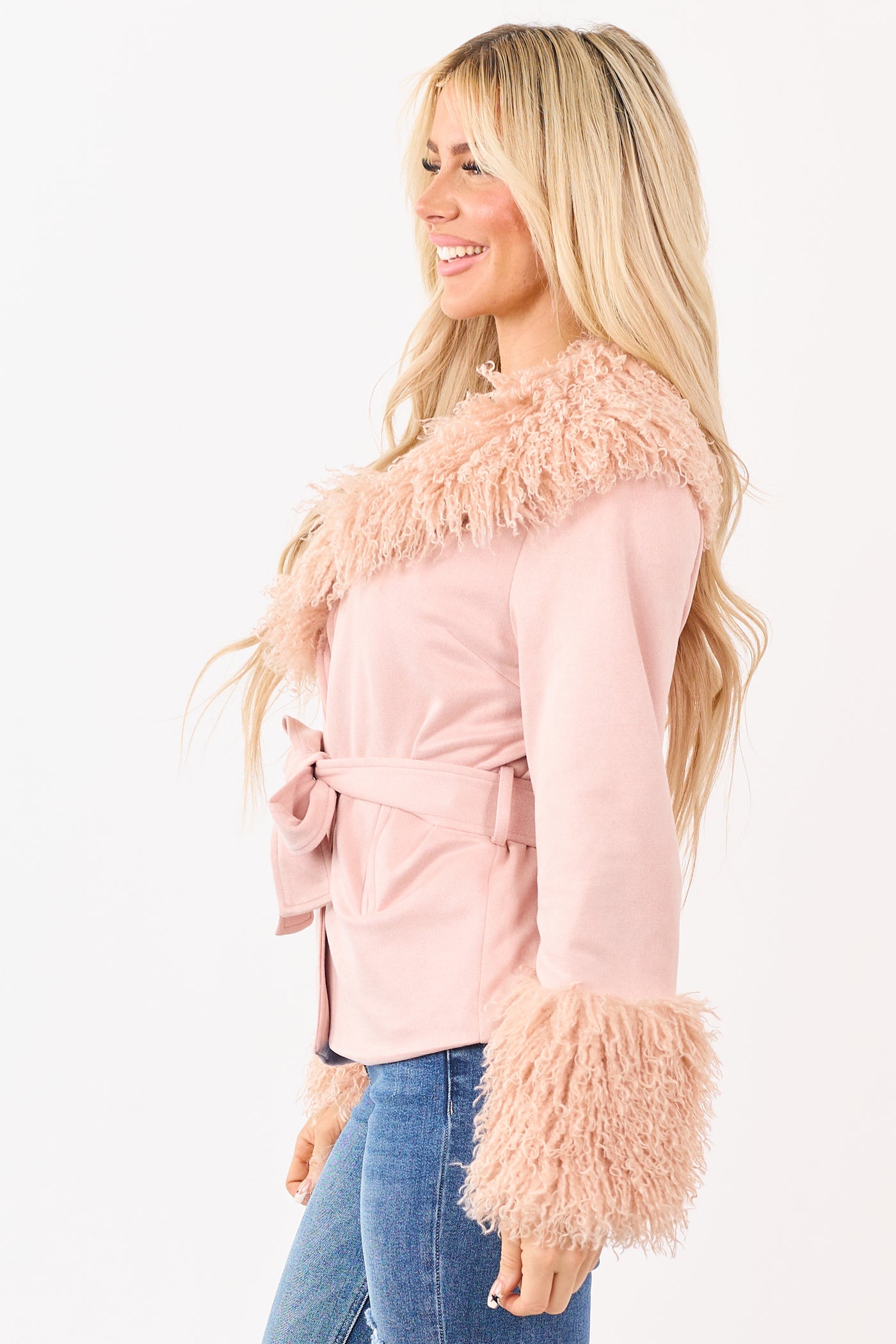 Cherry Blossom Faux Suede Waist Tie Faux Fur Coat