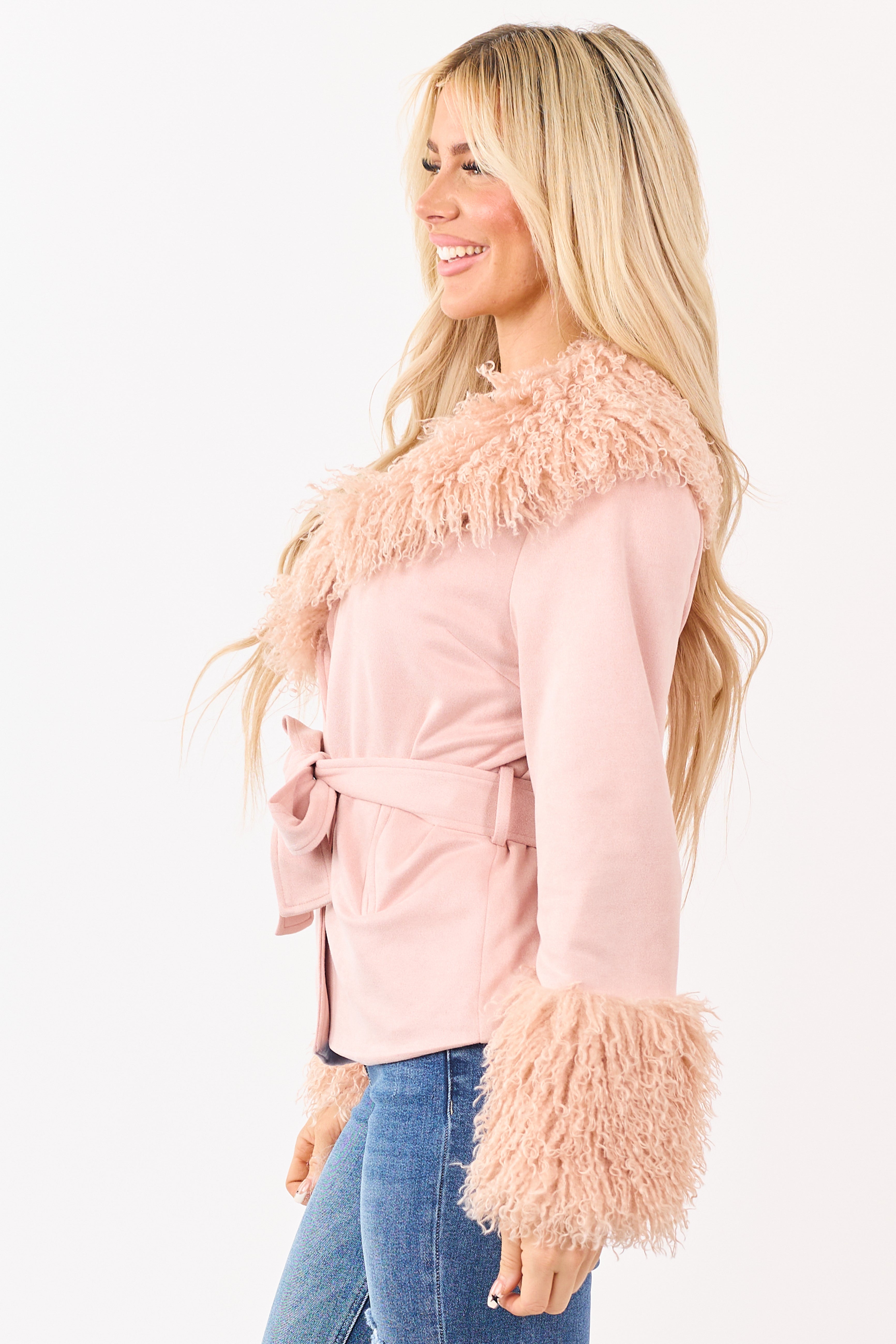 Cherry Blossom Faux Suede Waist Tie Faux Fur Coat