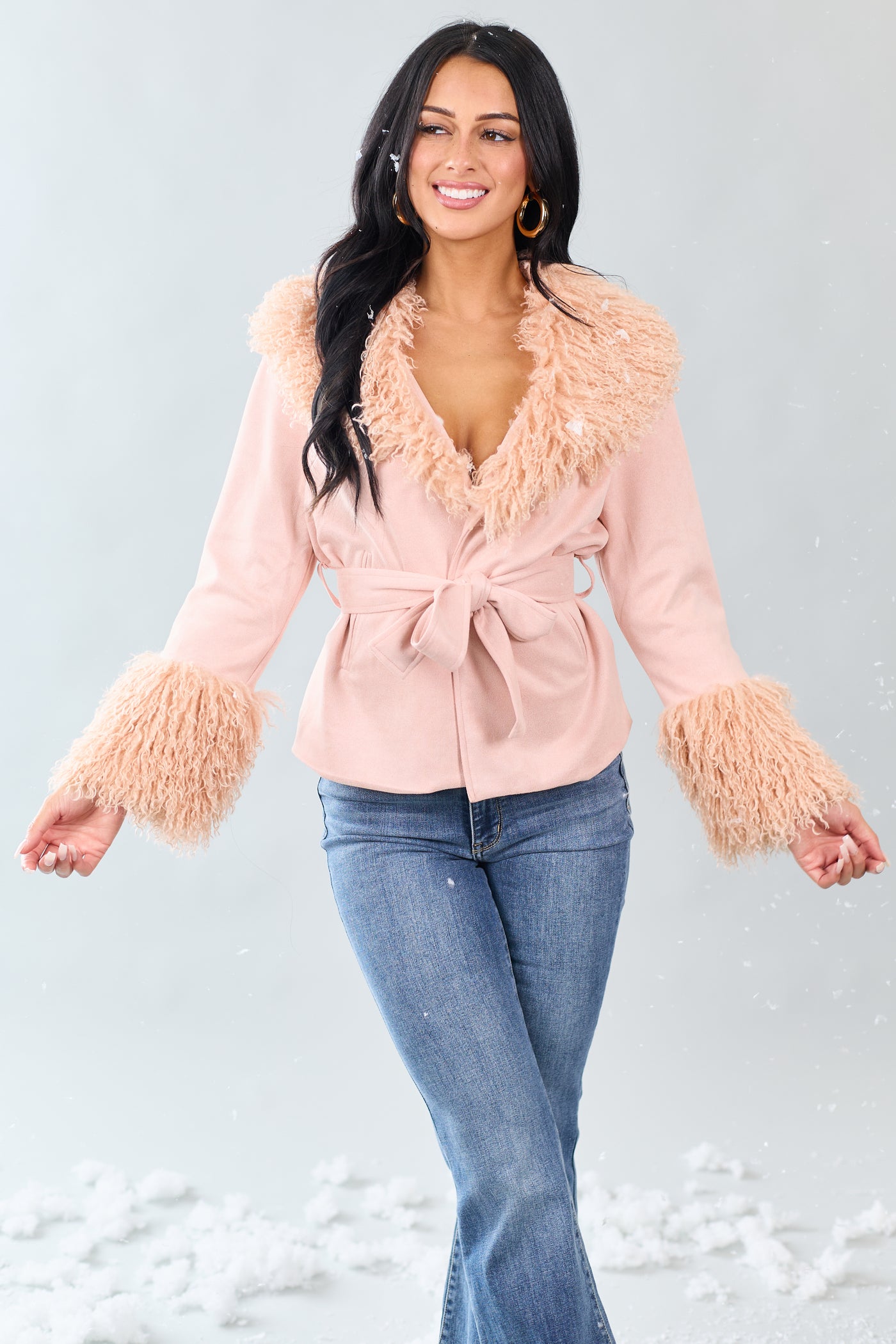 Cherry Blossom Faux Suede Waist Tie Faux Fur Coat