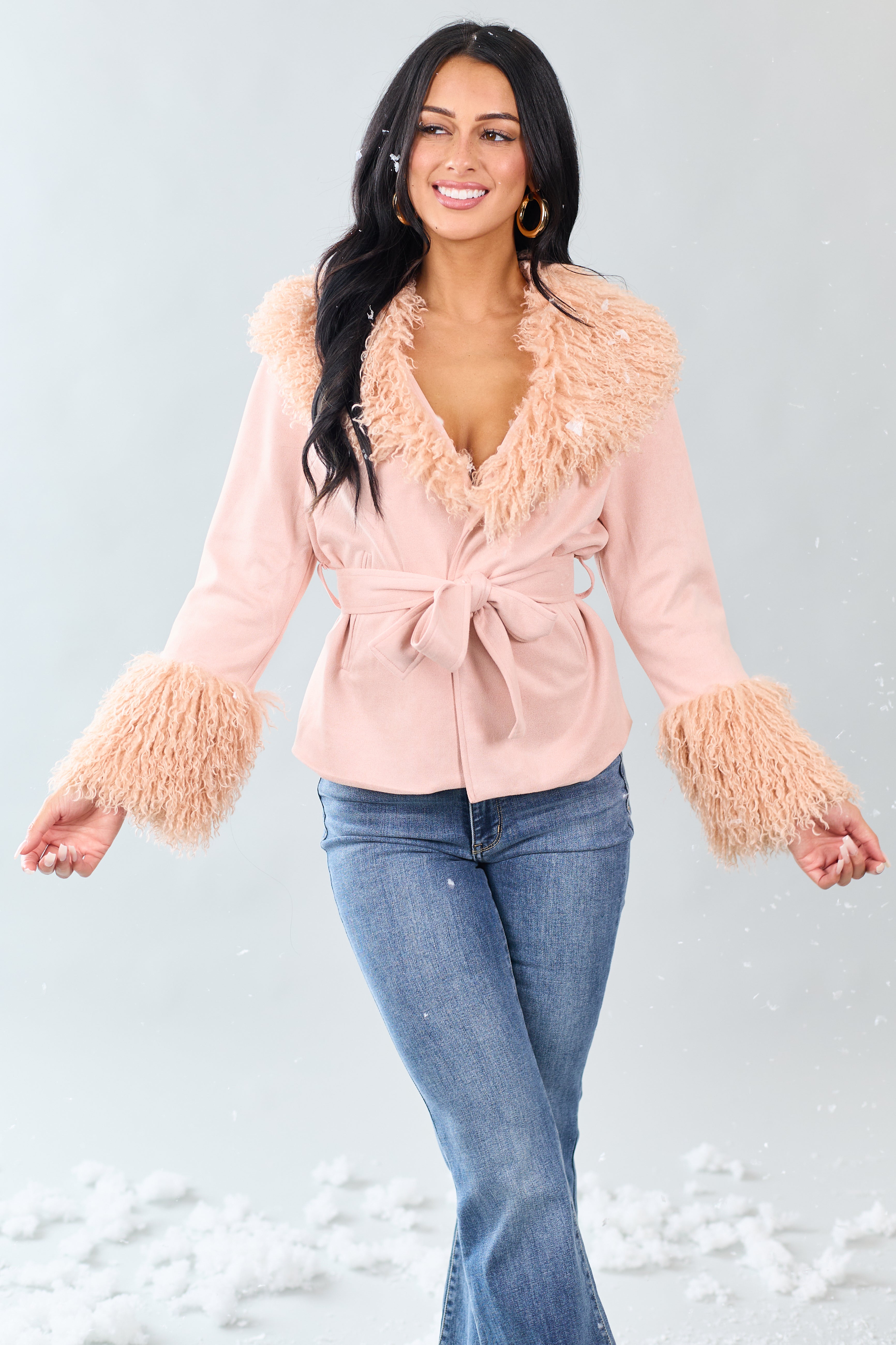 Cherry Blossom Faux Suede Waist Tie Faux Fur Coat