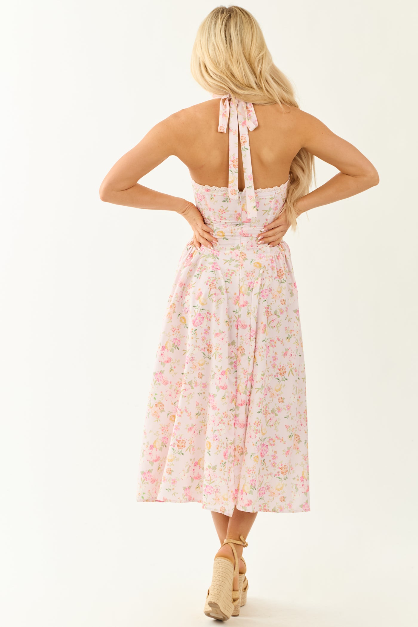 Cherry Blossom Floral Print Halter Neck Midi Dress