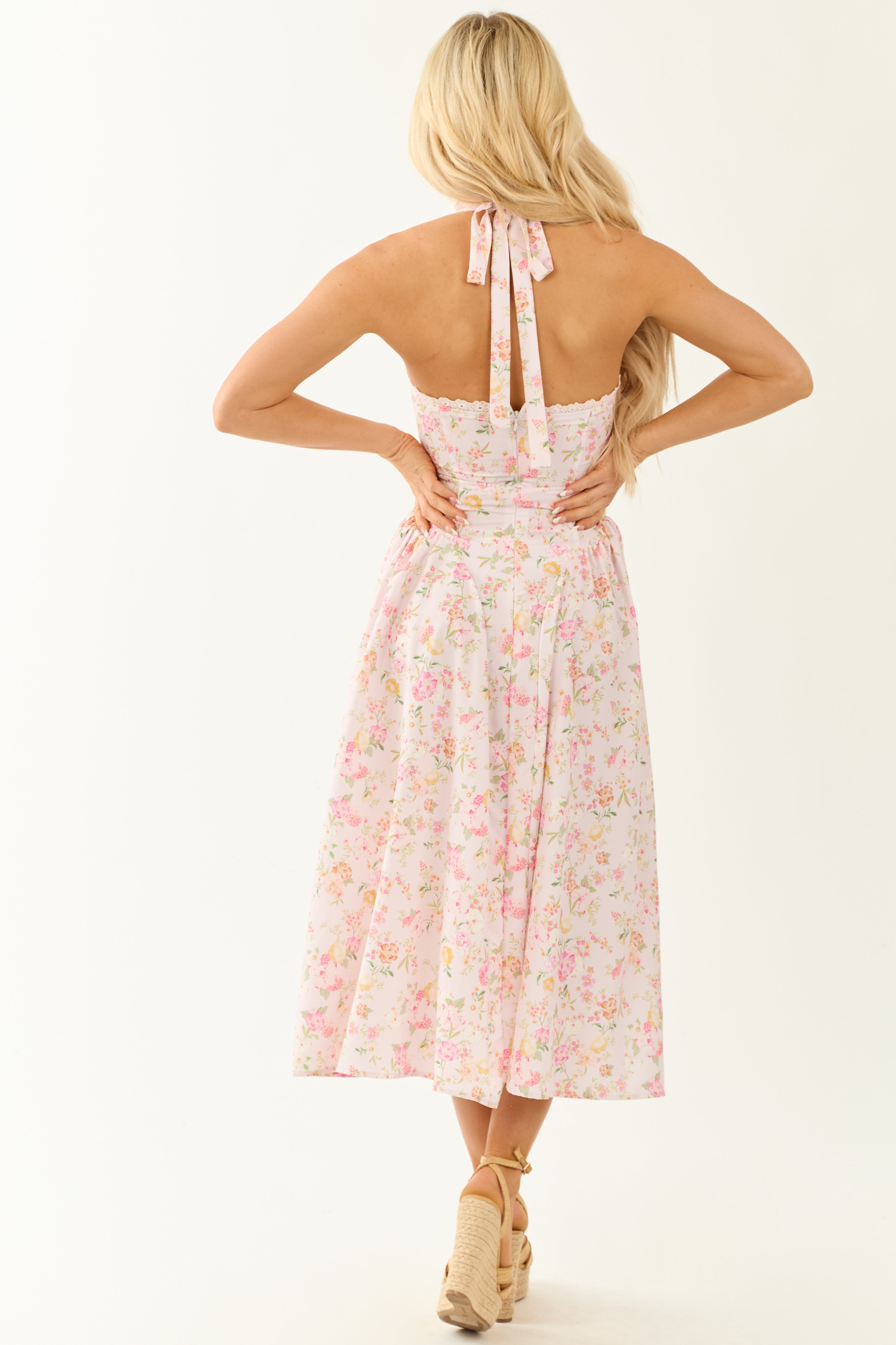 Cherry Blossom Floral Print Halter Neck Midi Dress