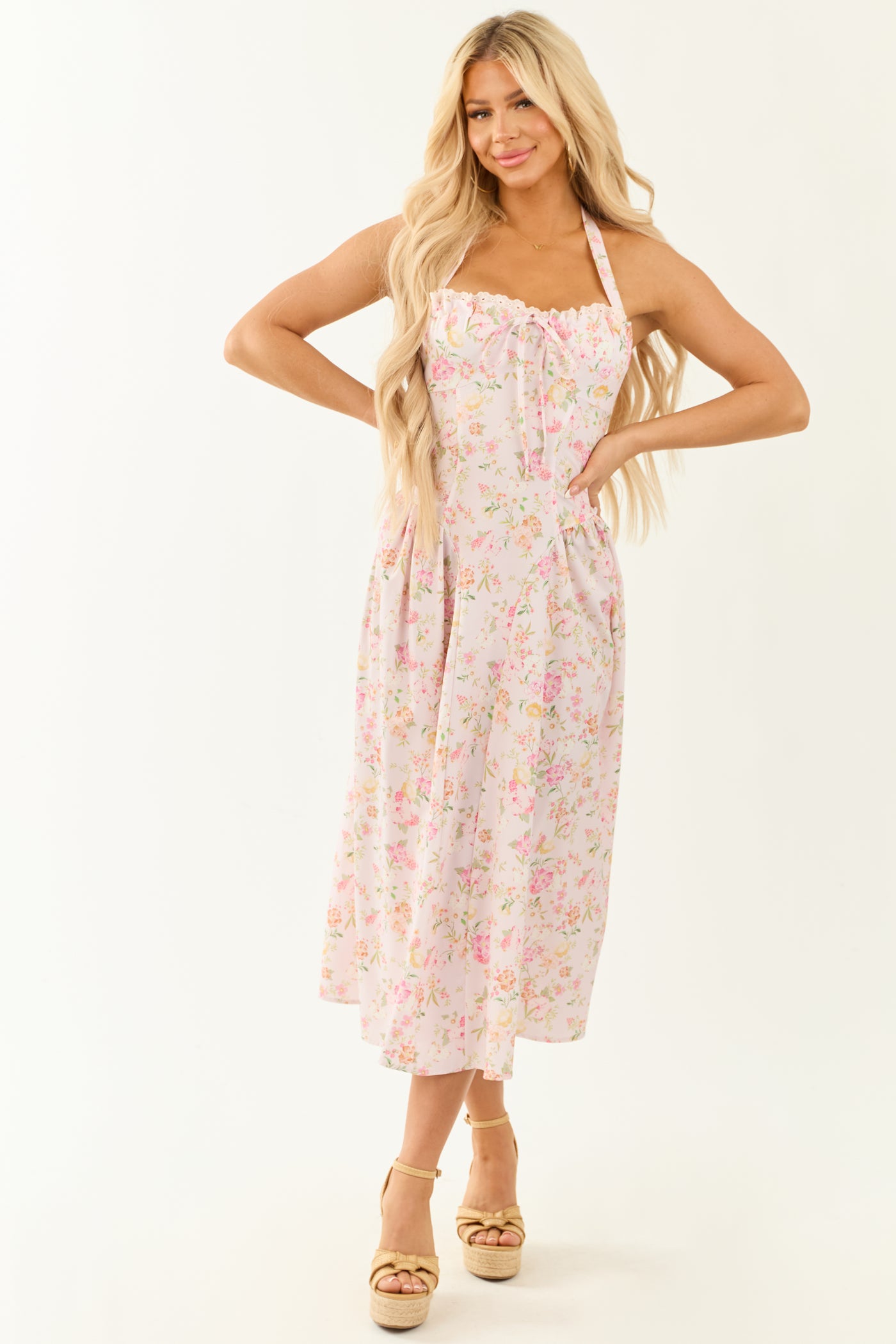Cherry Blossom Floral Print Halter Neck Midi Dress