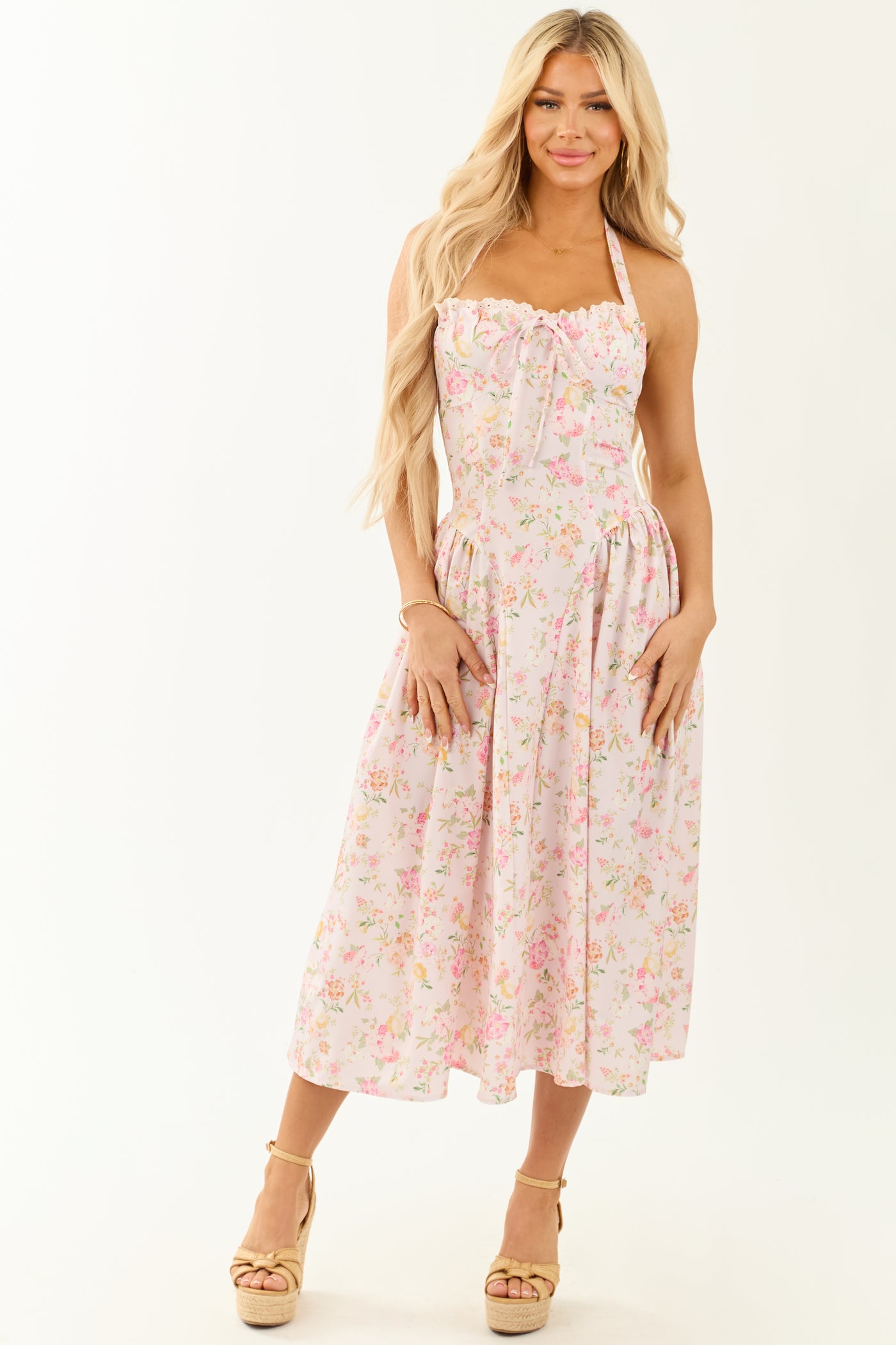 Cherry Blossom Floral Print Halter Neck Midi Dress