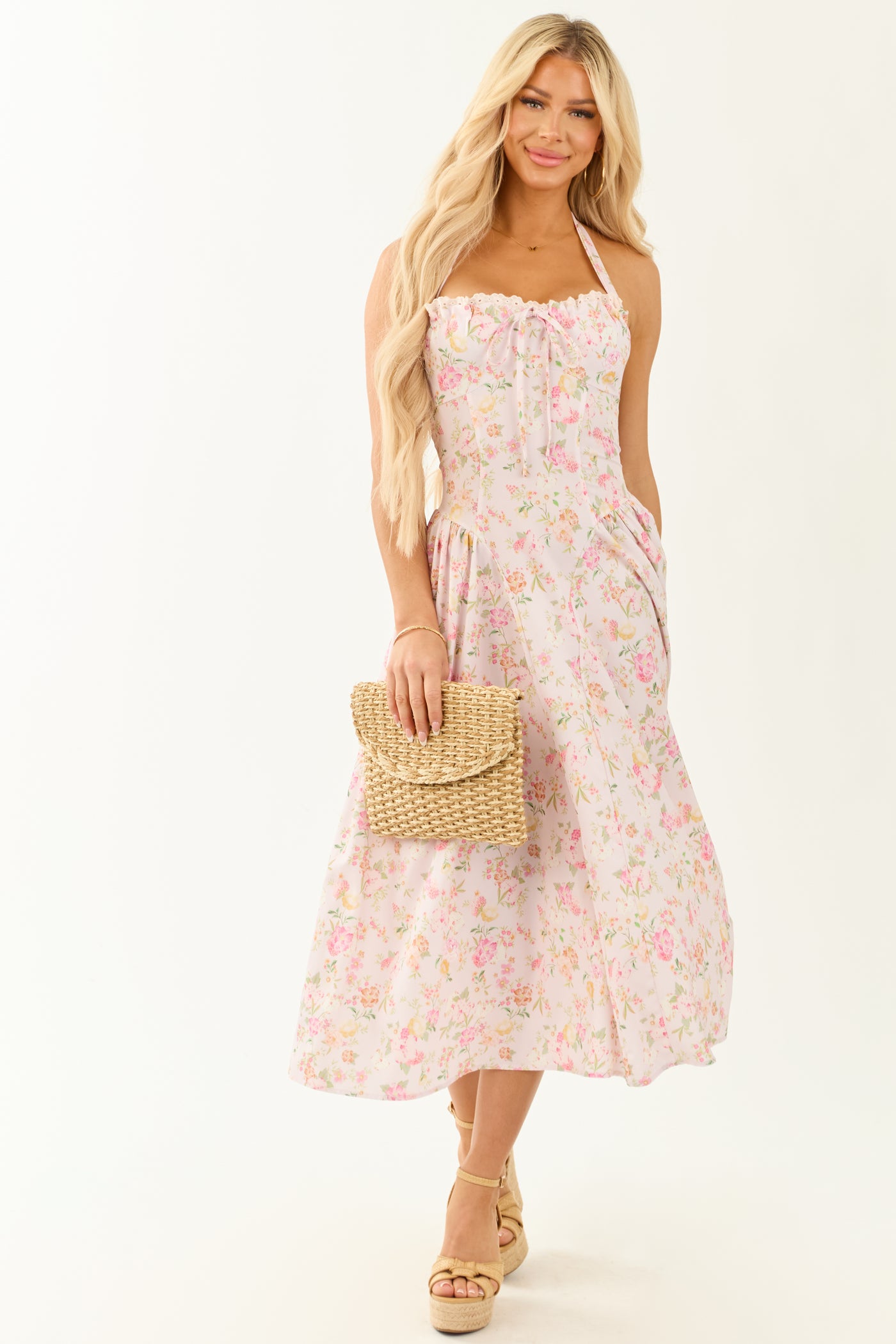 Cherry Blossom Floral Print Halter Neck Midi Dress