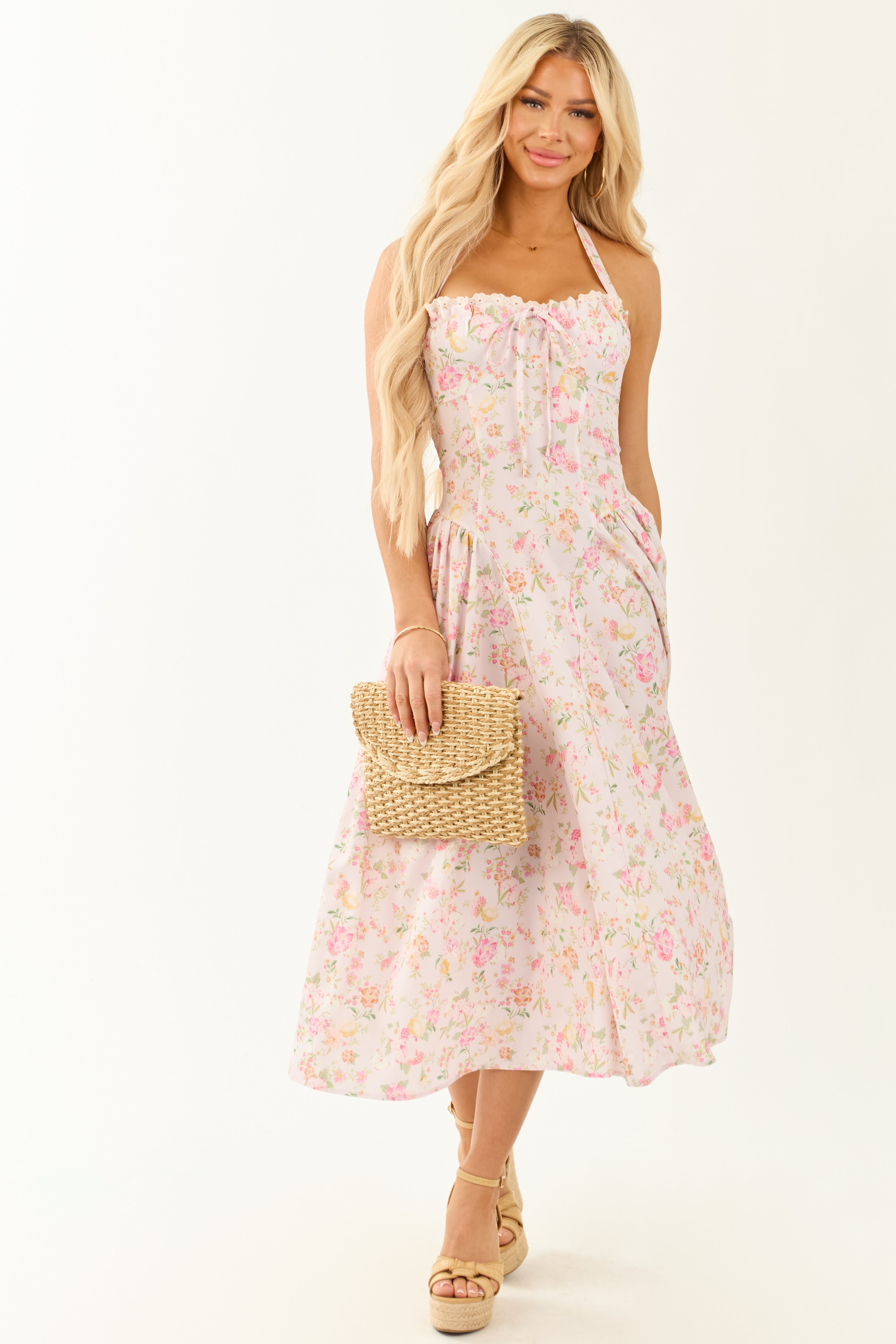 Cherry Blossom Floral Print Halter Neck Midi Dress
