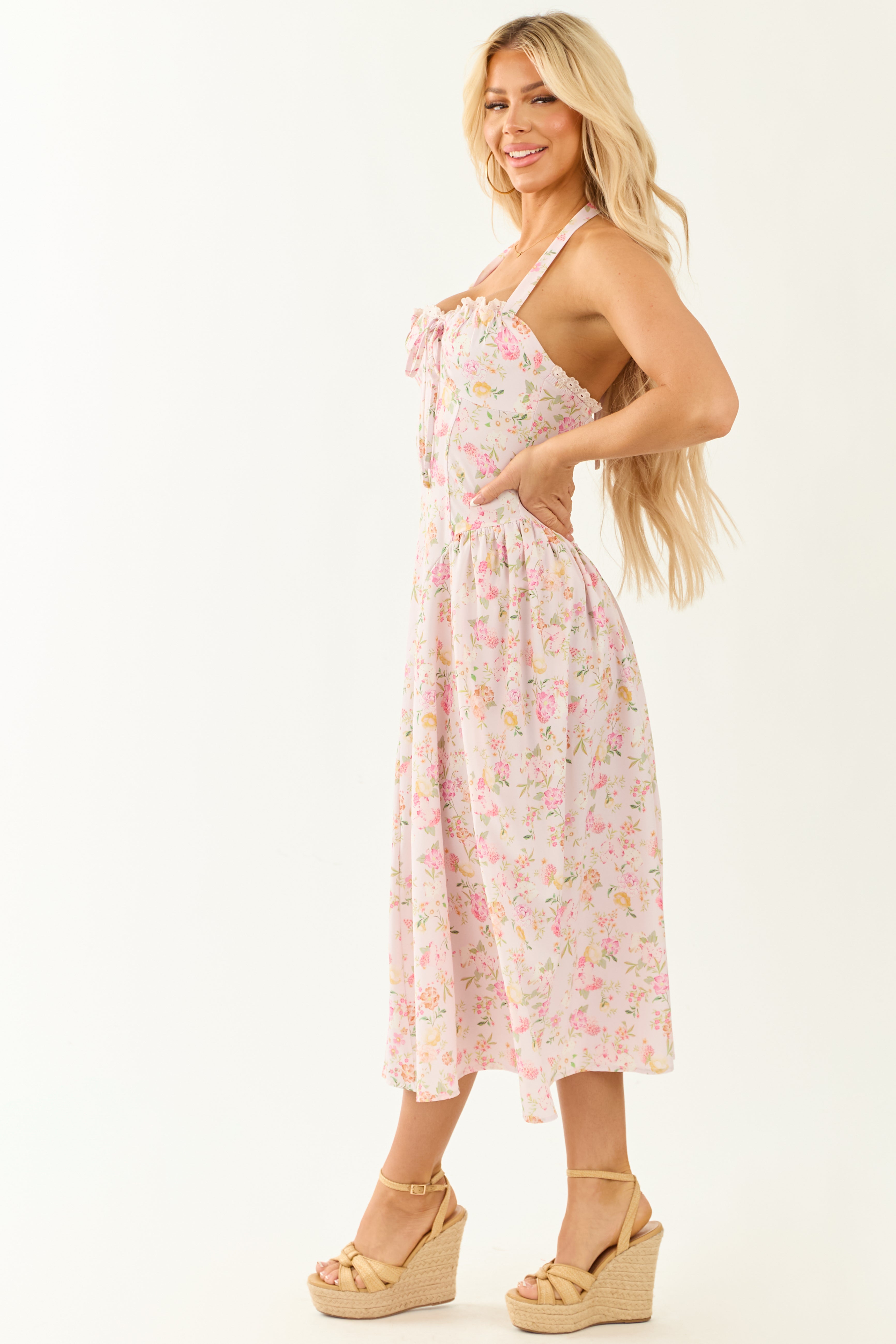 Cherry Blossom Floral Print Halter Neck Midi Dress