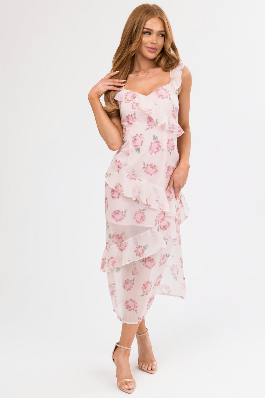 Cherry Blossom Floral Print Ruffle Midi Dress