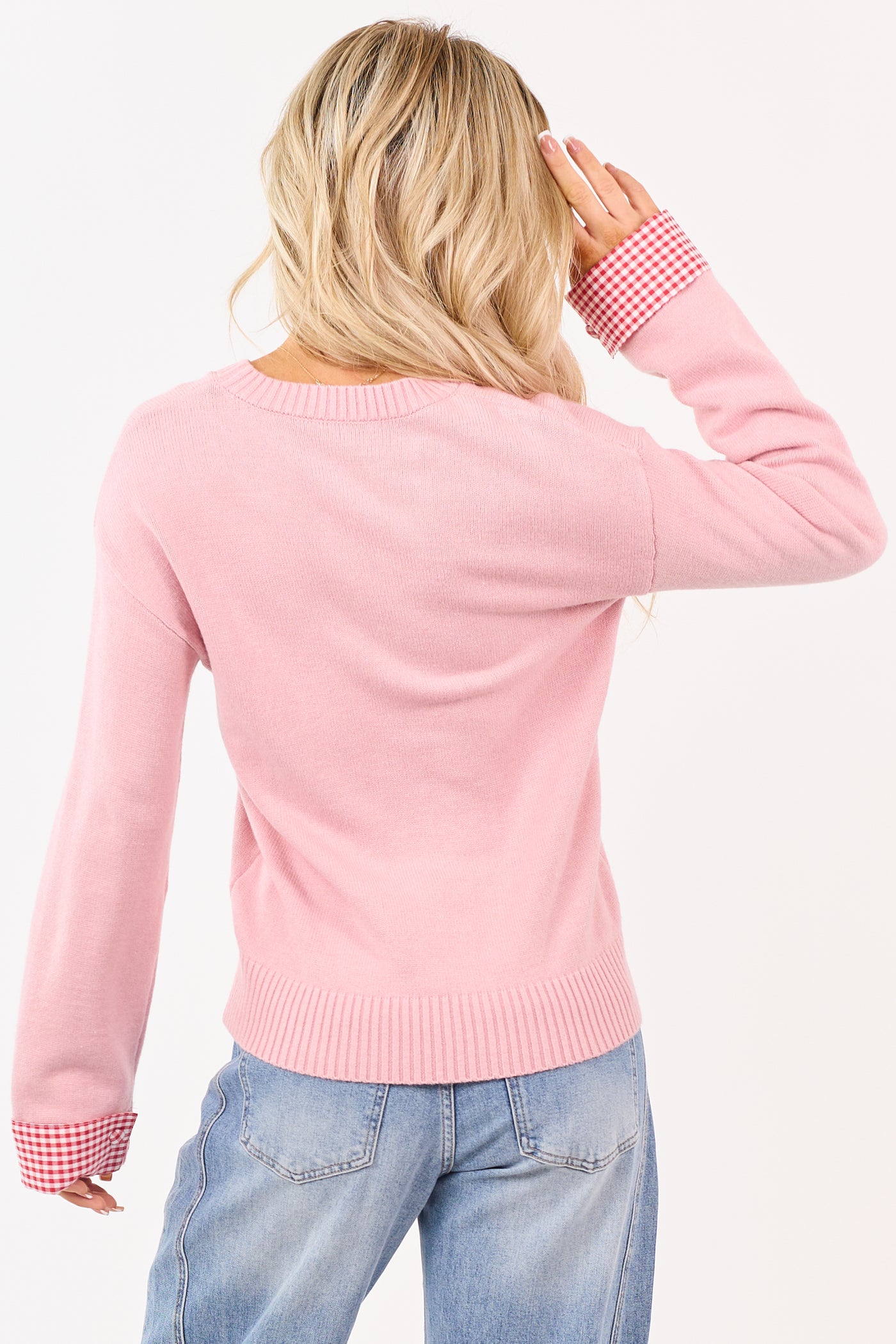 Cherry Blossom Gingham Heart Embroidered Sweater