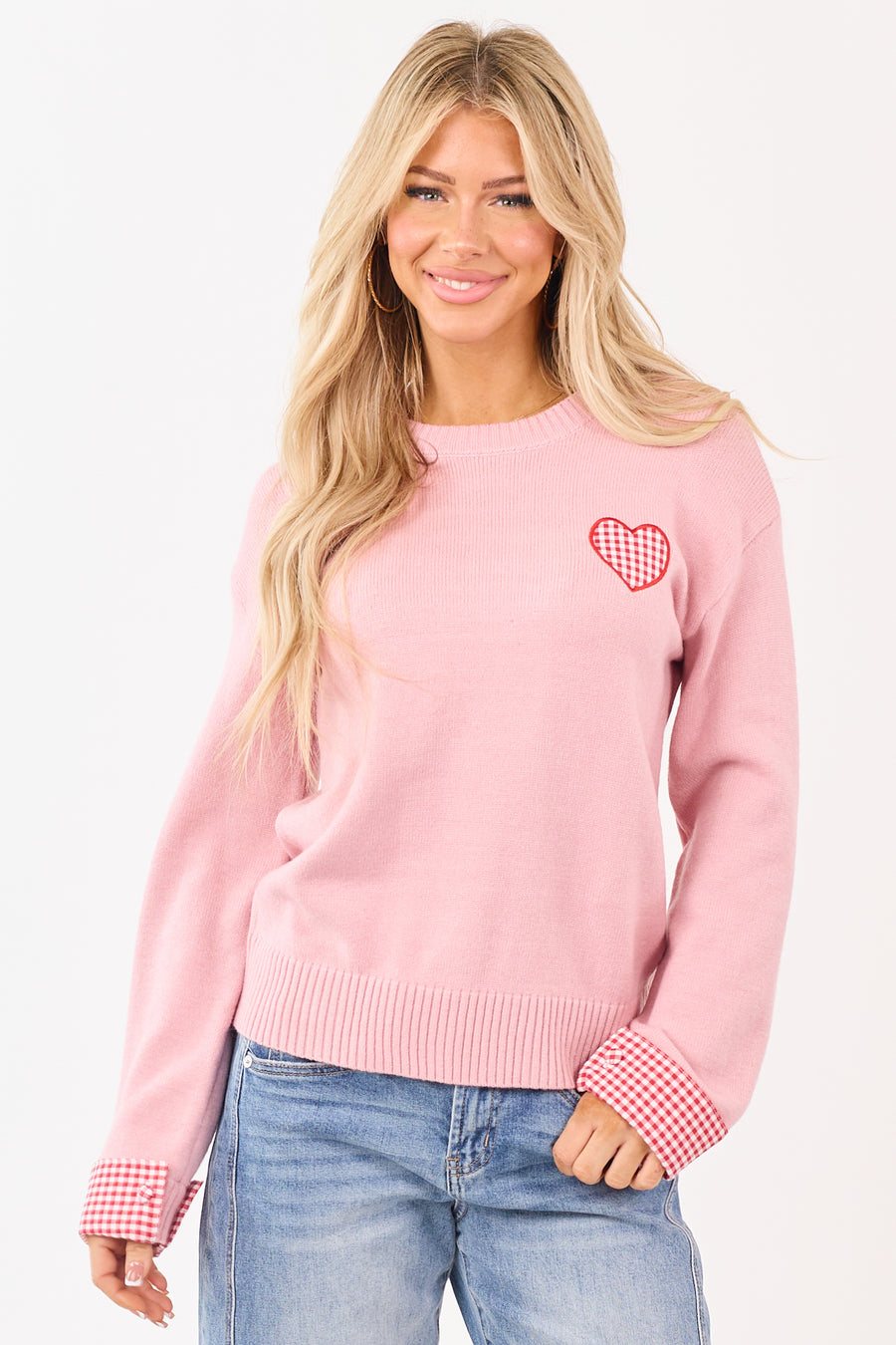 Cherry Blossom Gingham Heart Embroidered Sweater