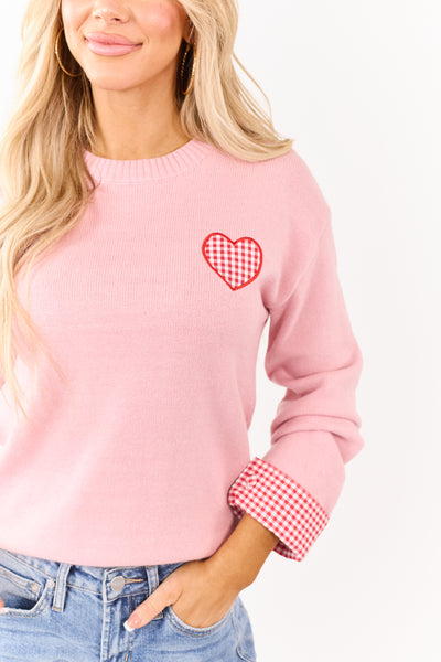 Cherry Blossom Gingham Heart Embroidered Sweater