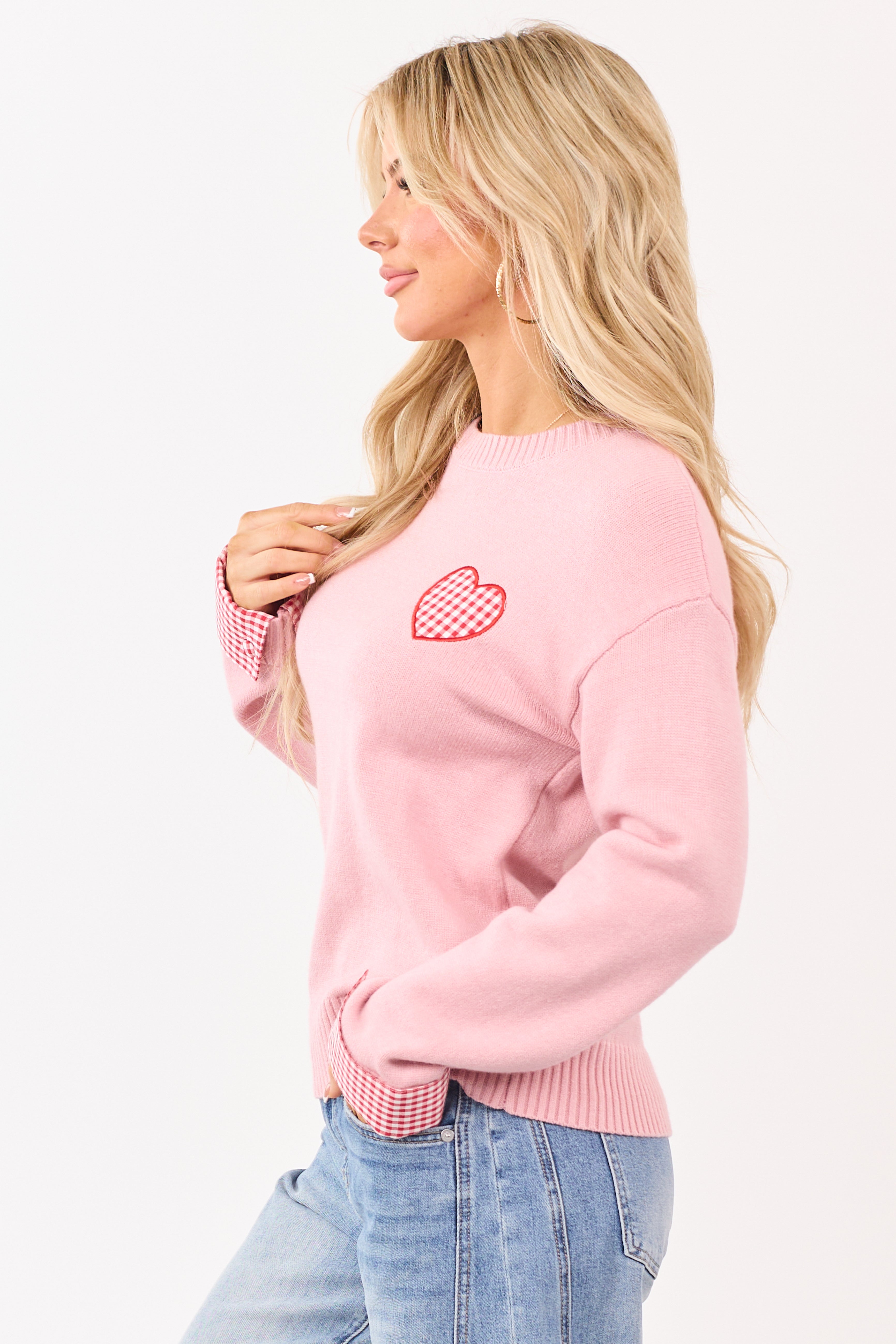 Cherry Blossom Gingham Heart Embroidered Sweater