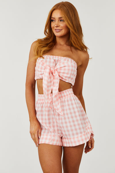 Cherry Blossom Gingham Strapless Top and Shorts Set