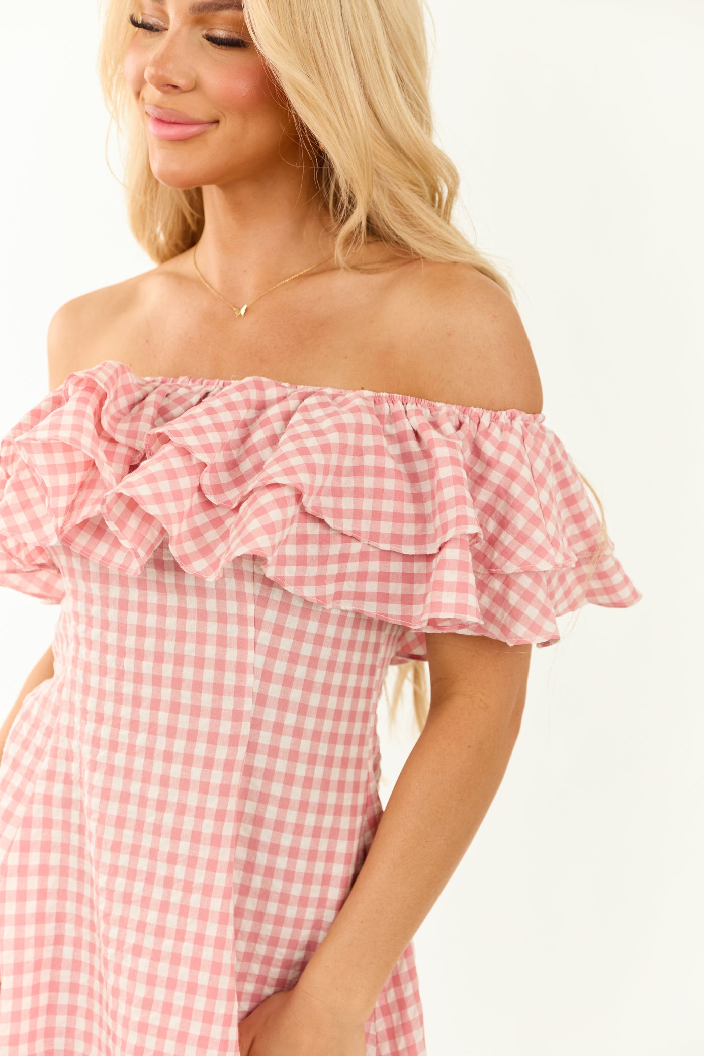 Cherry Blossom Off Shoulder Gingham Ruffle Mini Dress | Lime Lush Boutique Cherry Blossom Off Shoulder Gingham Ruffle Mini Dress | Lime Lush Boutique
