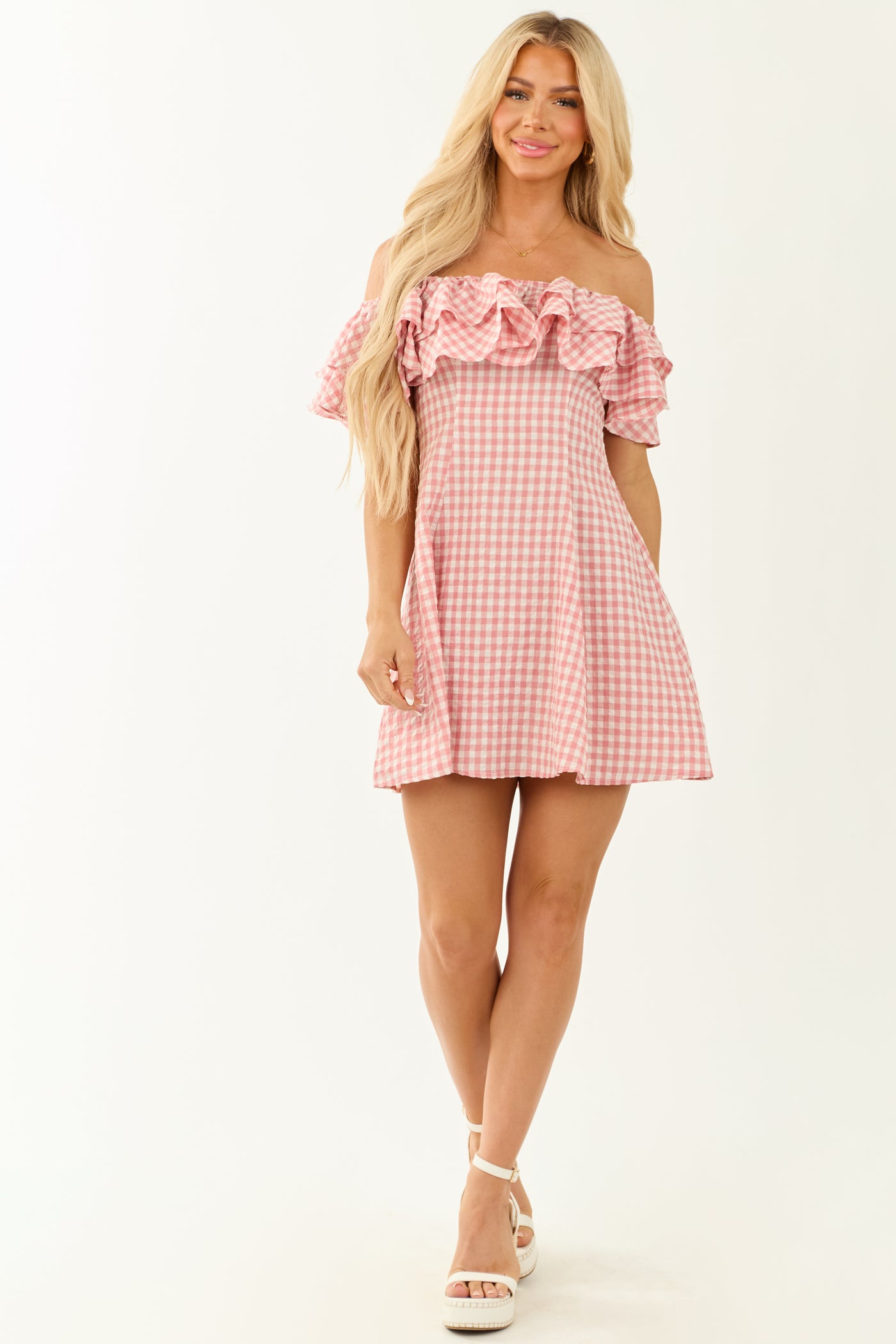 Cherry Blossom Off Shoulder Gingham Ruffle Mini Dress | Lime Lush Boutique Cherry Blossom Off Shoulder Gingham Ruffle Mini Dress | Lime Lush Boutique