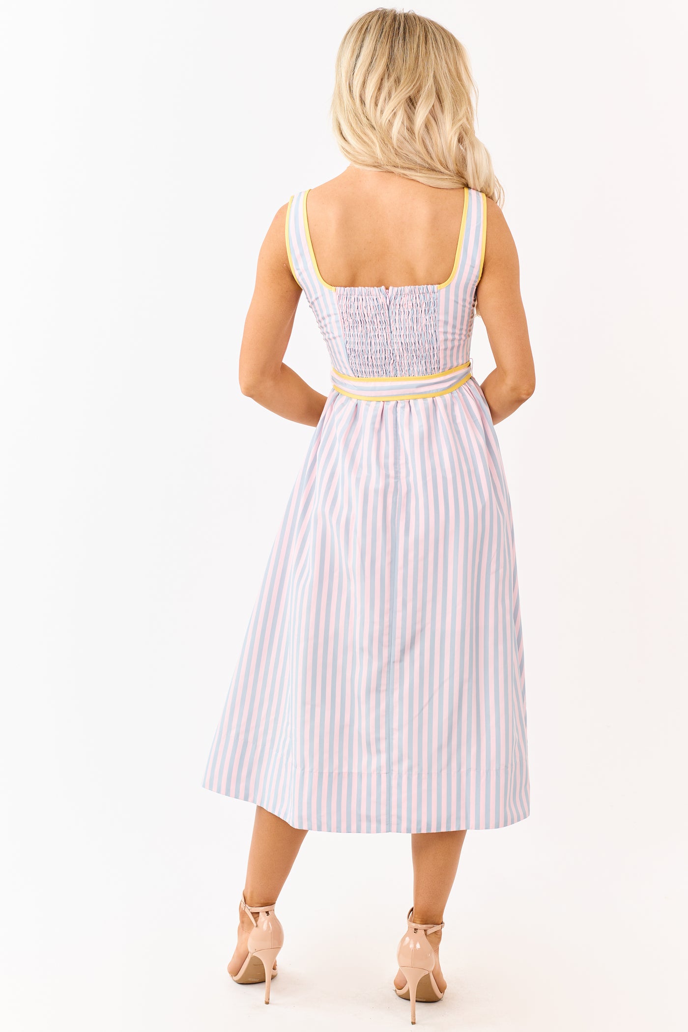 Cherry Blossom Striped Notch Neck Waist Tie Midi Dress