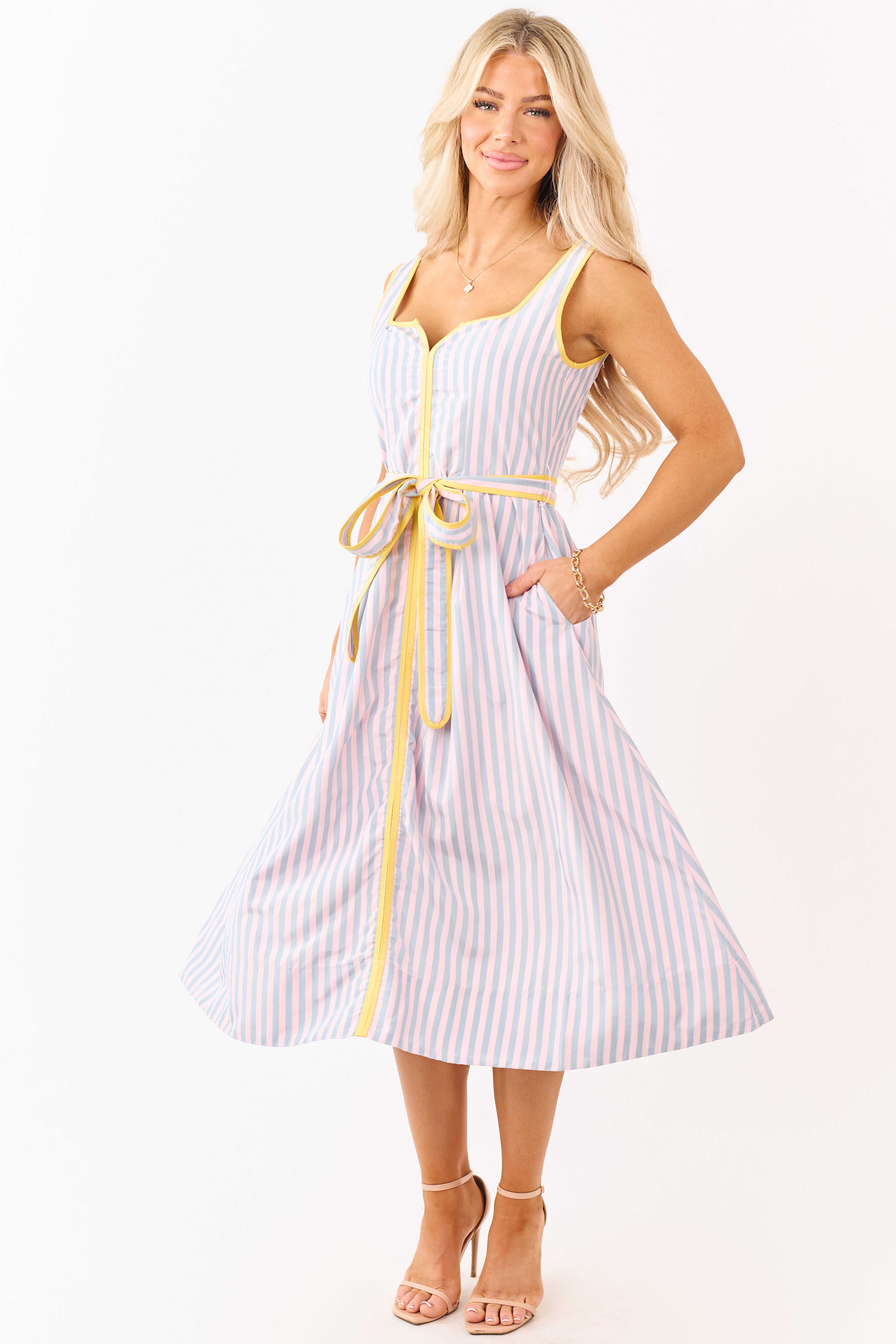 Cherry Blossom Striped Notch Neck Waist Tie Midi Dress