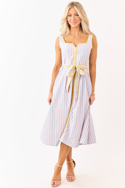 Cherry Blossom Striped Notch Neck Waist Tie Midi Dress