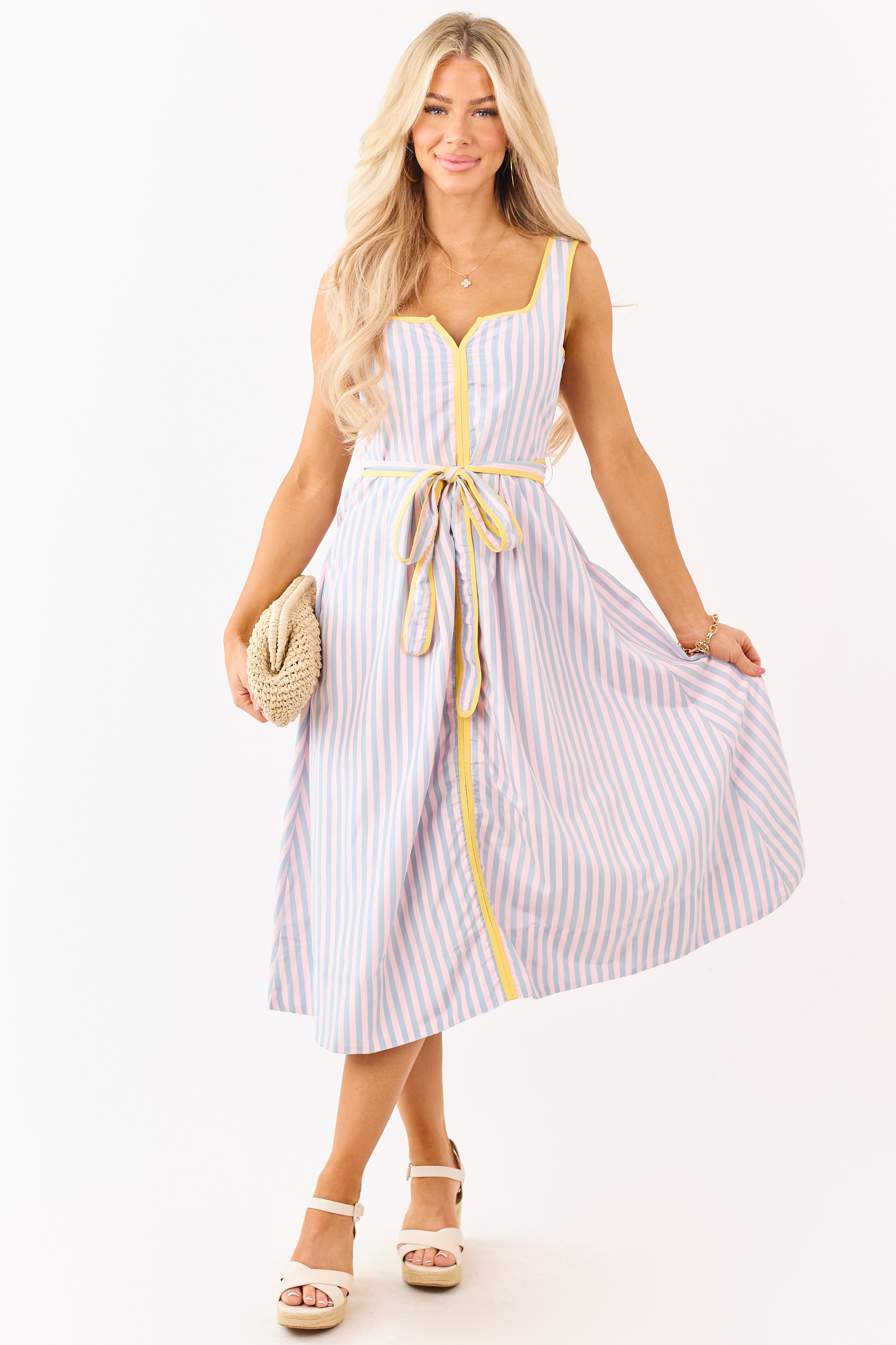 Cherry Blossom Striped Notch Neck Waist Tie Midi Dress