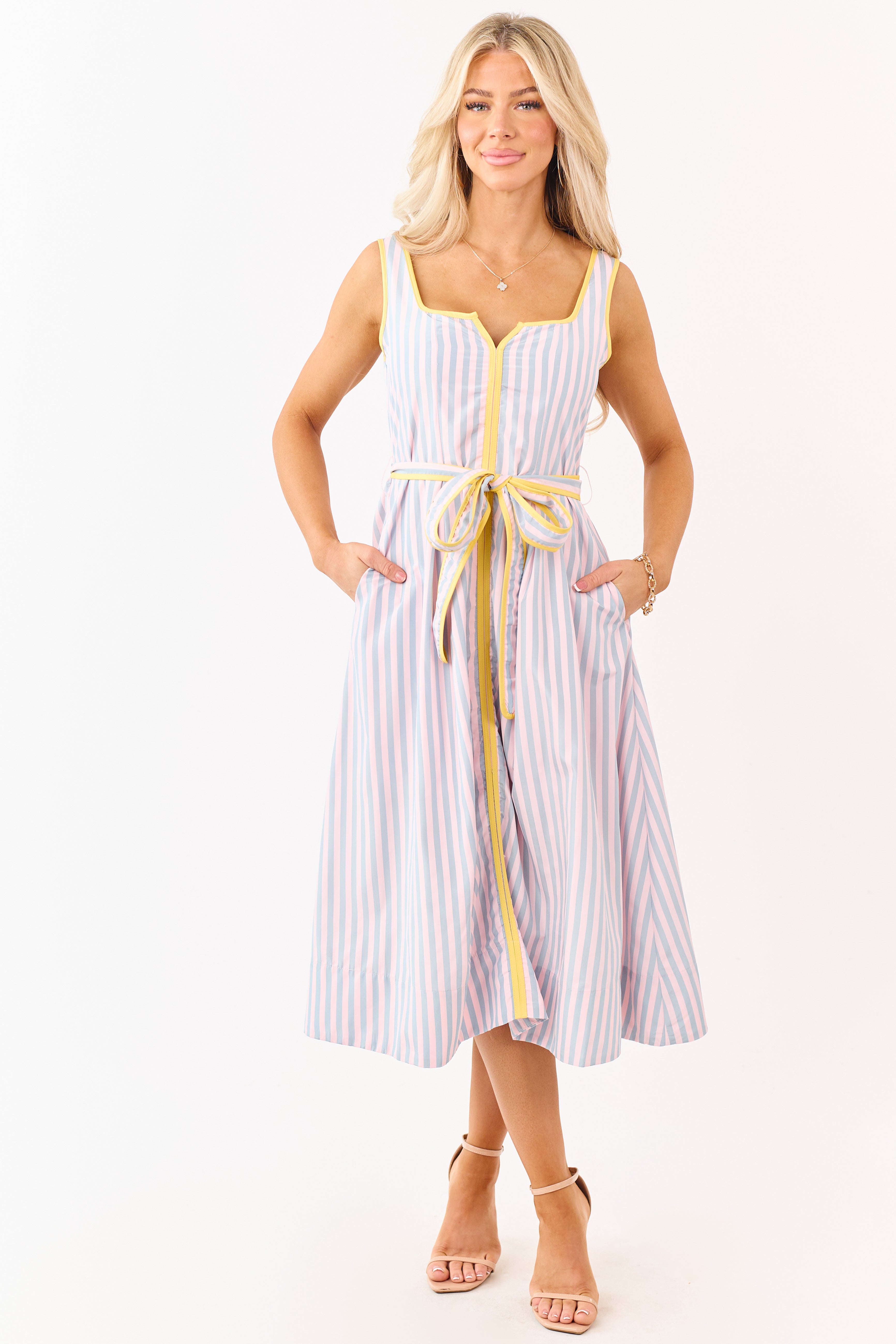 Cherry Blossom Striped Notch Neck Waist Tie Midi Dress