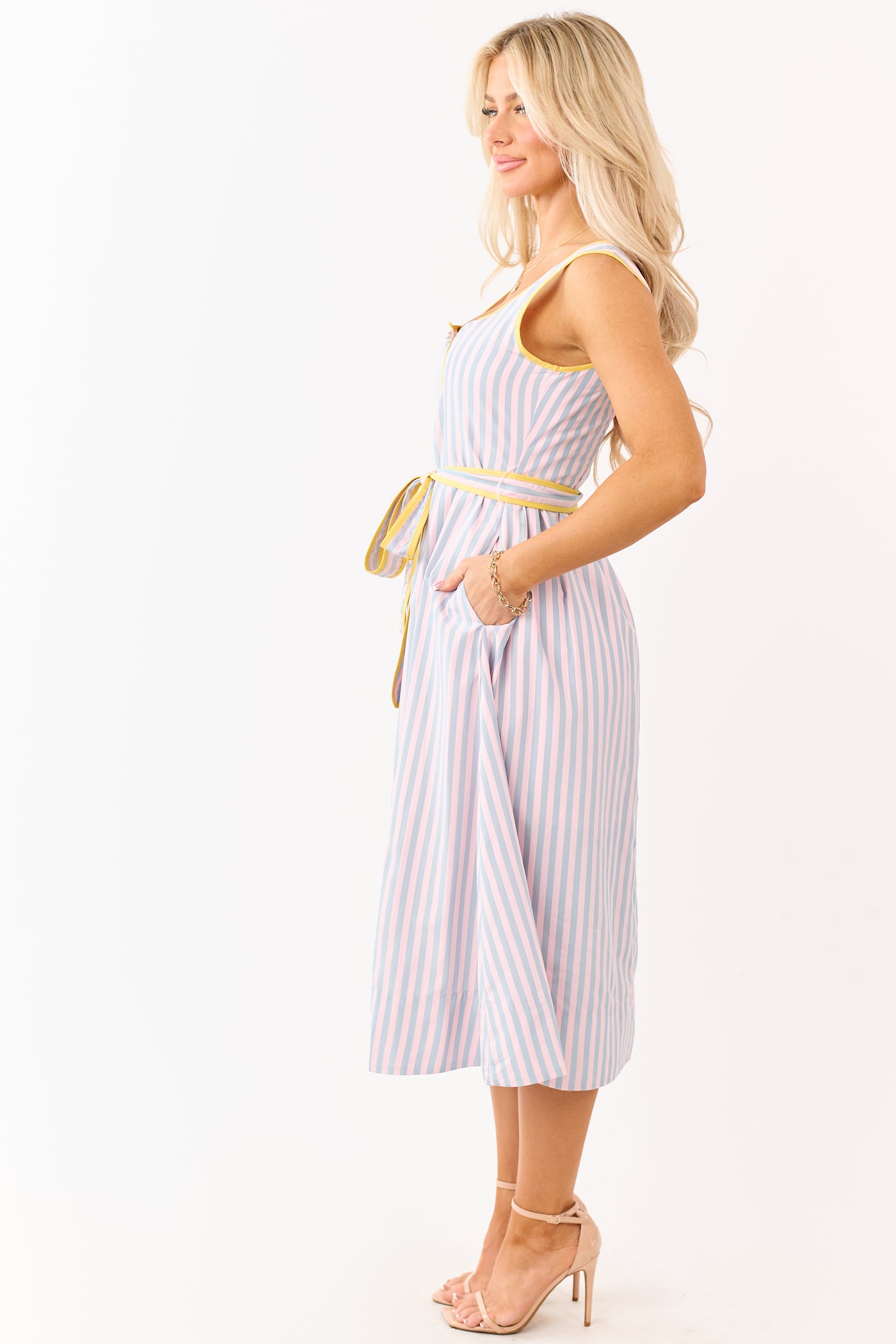Cherry Blossom Striped Notch Neck Waist Tie Midi Dress
