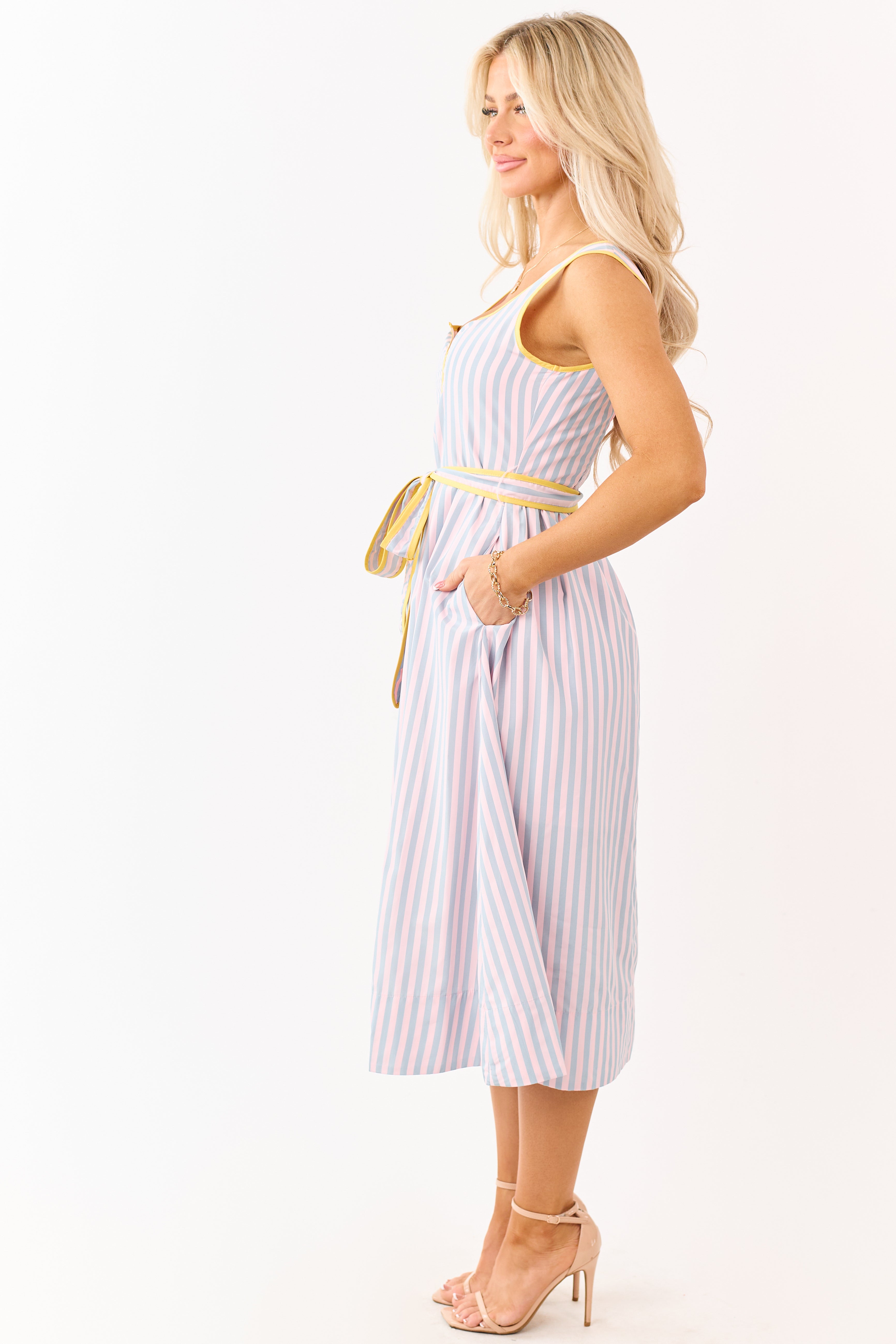 Cherry Blossom Striped Notch Neck Waist Tie Midi Dress