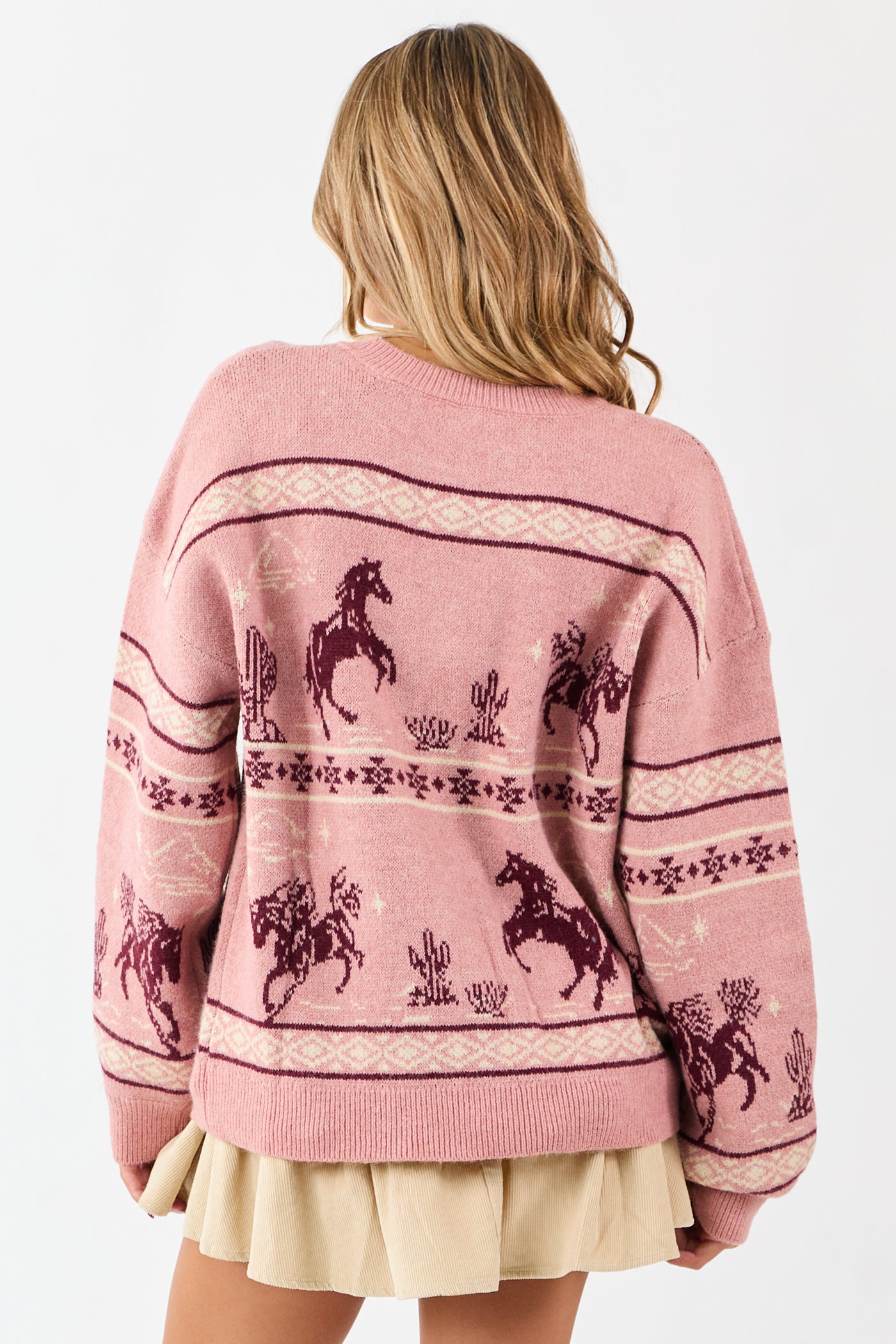 Cherry Blossom Western Print Crew Neck Knit Sweater
