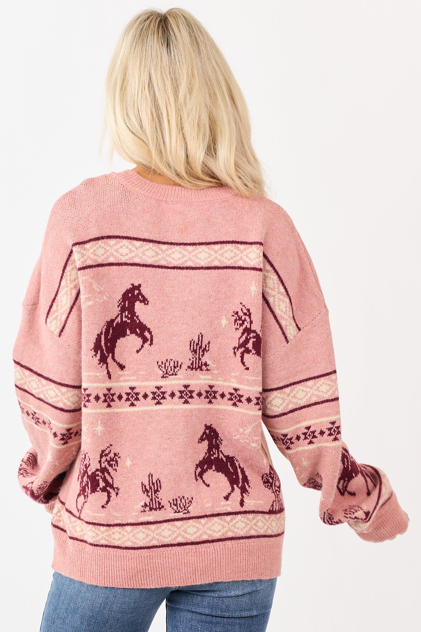 Cherry Blossom Western Print Crew Neck Knit Sweater