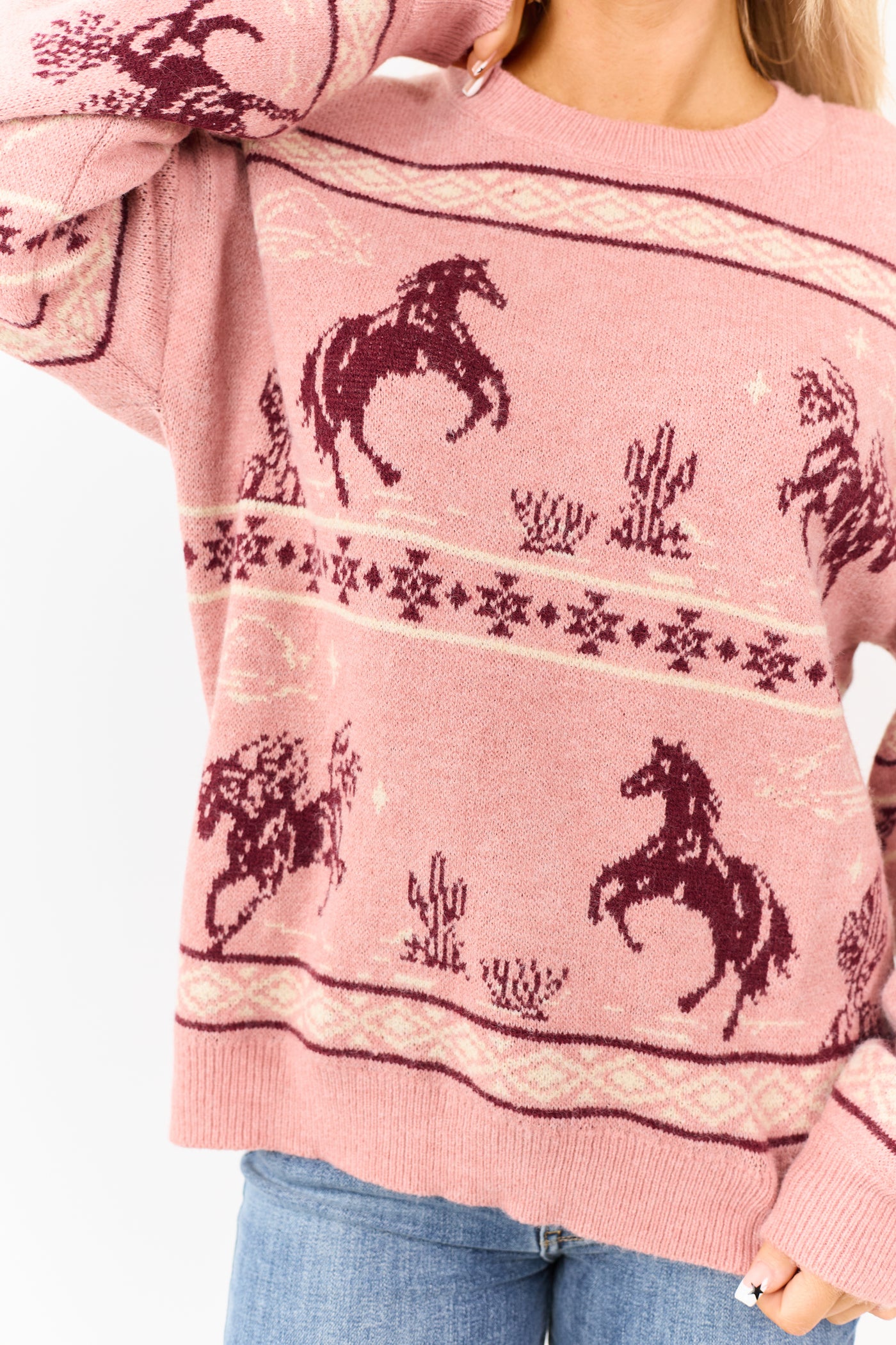 Cherry Blossom Western Print Crew Neck Knit Sweater
