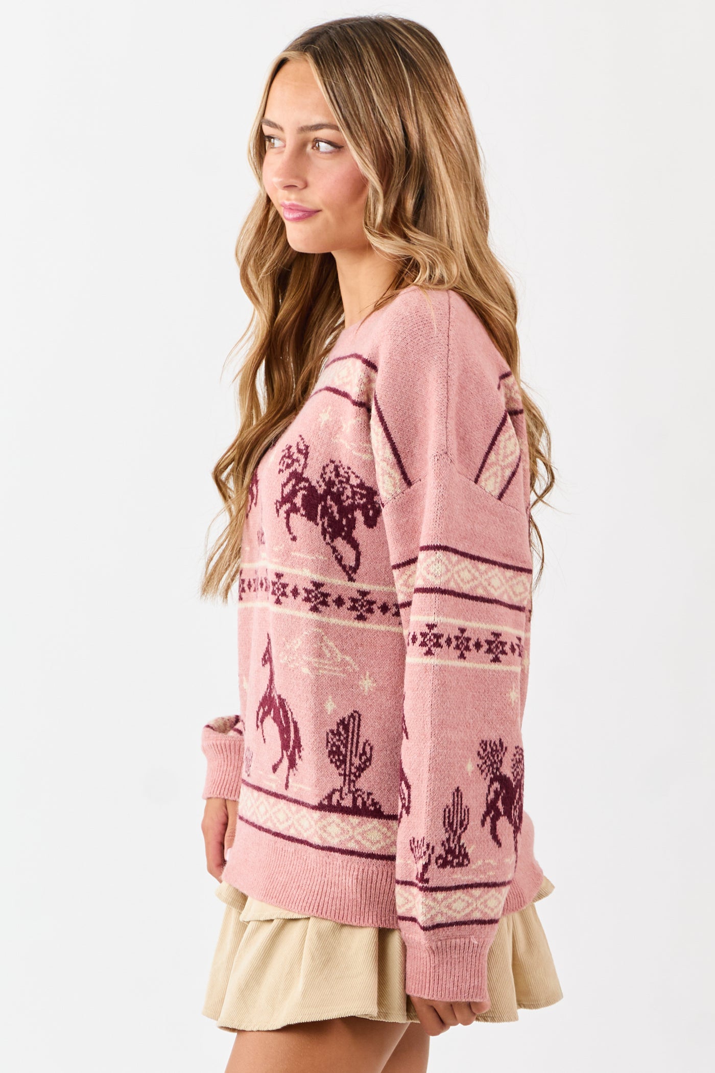 Cherry Blossom Western Print Crew Neck Knit Sweater